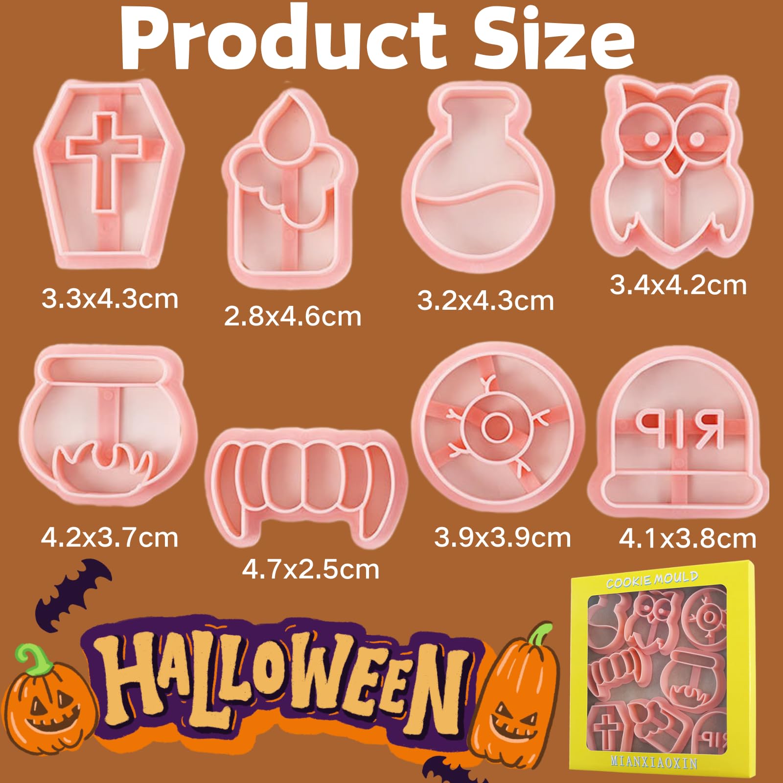 PTaizjjz Mini Halloween Cookie Cutters, 8pcs 3D Halloween Cookie Stamps-Candle,Tombstone,Owl,Alchemy,Furnace,Eye,Coffin - Image 2