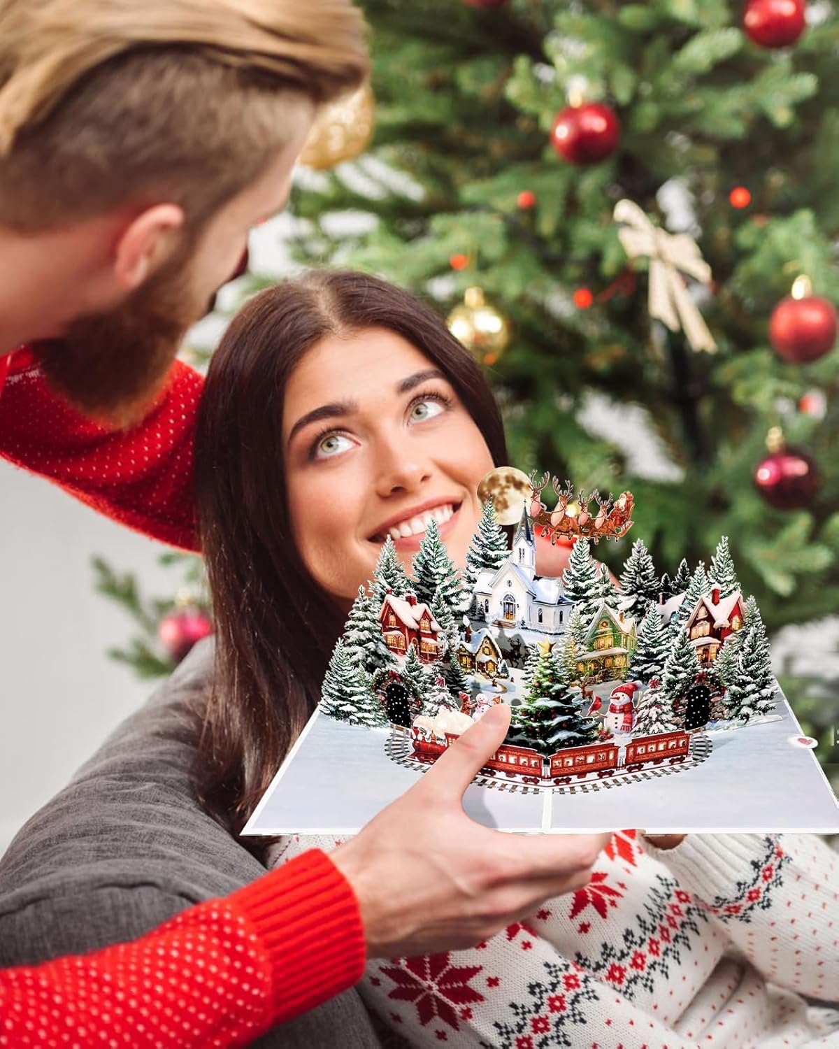 Winter Village Pop up Christmas Cards - 5x7 Xmas Cards with Envelope & Blank Note, Handmade 3D Merry Christmas Gifts for Husband Wife Daughter Son Family, Festive Night Santa Sleigh & Snowman - Image 5