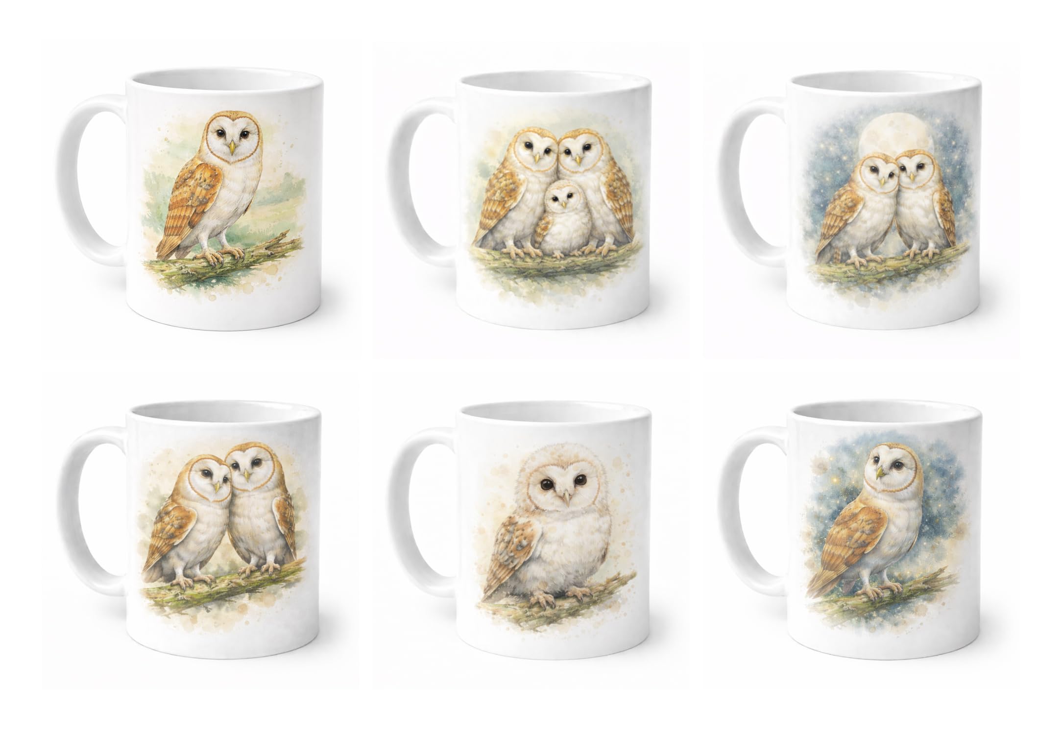 Brew Crew Gifts Barn Owl Watercolour Mug Set, Ceramic, White, 11 oz, Dishwasher Safe, Microwave Safe, 6 Piece, Wildlife Theme