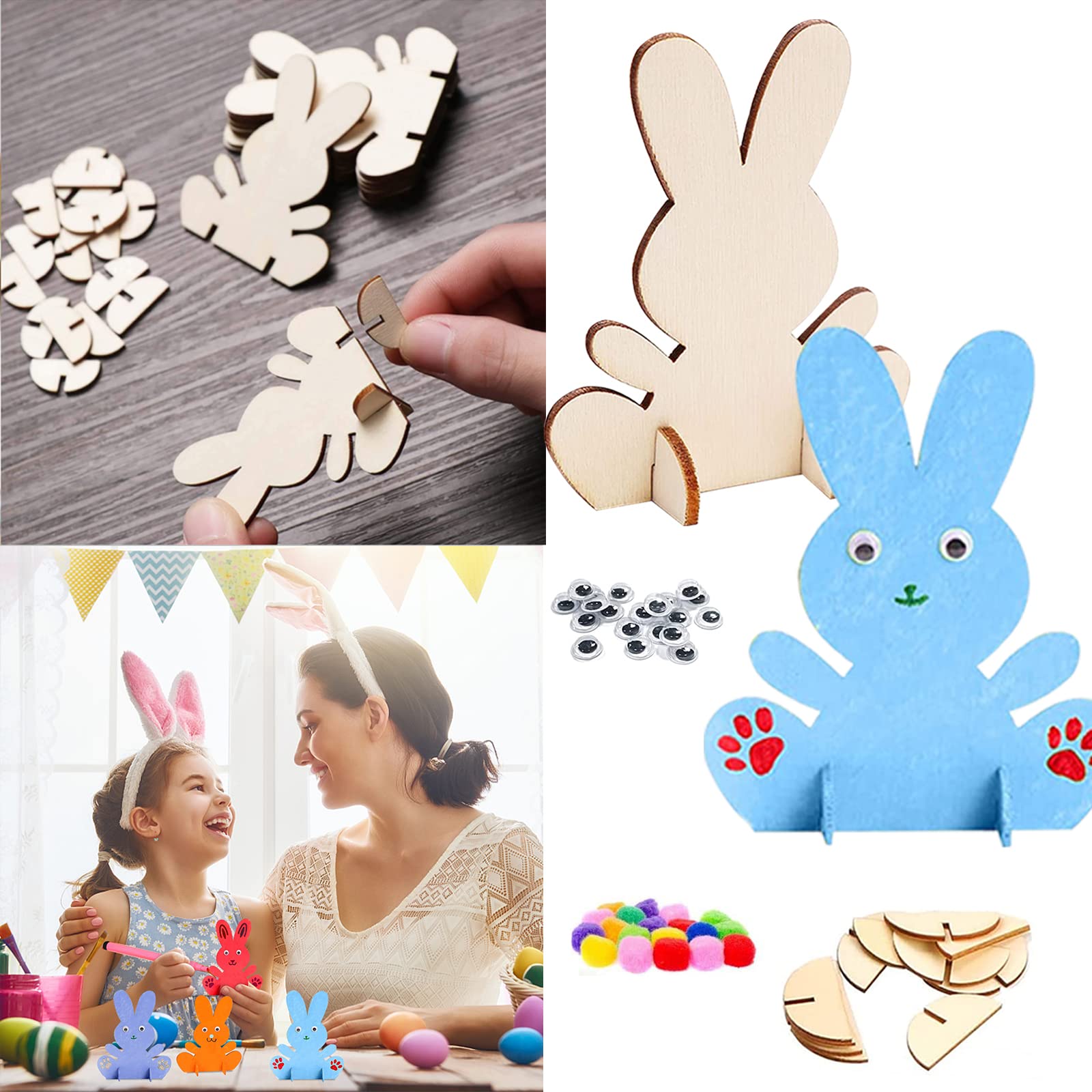 24 œufs En Bois à Peindre Pour Pâques - Kit Créatif DIY Avec Peinture, Pinceaux, Yeux Mobiles, Corde - Décoration De Pâques à Personnaliser - 4