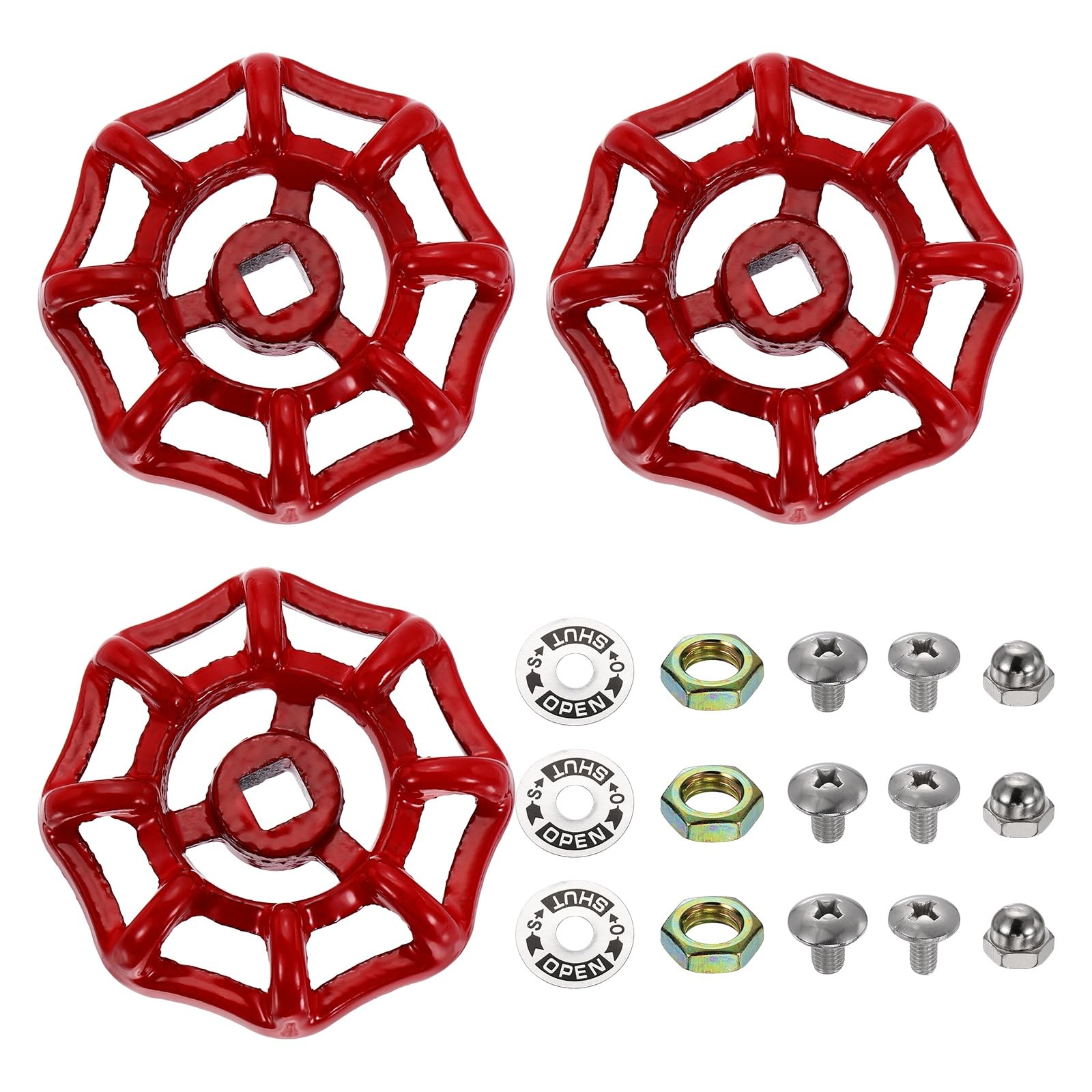 sourcing map 3Pcs Outdoor Faucet Water Spigot Handle, 6 x 6mm Round Wheel Square Stem Hole Cast Iron Hose Bib Outside Faucet Valve Handles Replacement for Garden Courtyard, Red