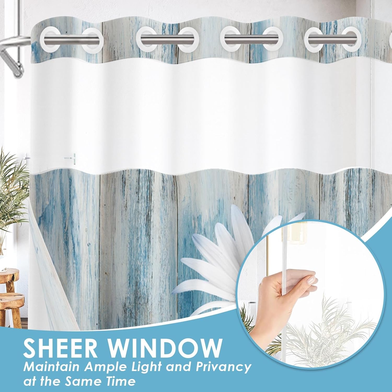 No Hook Shower Curtain with Snap in Liner 71x74 Inch Daisy Floral thumbnail