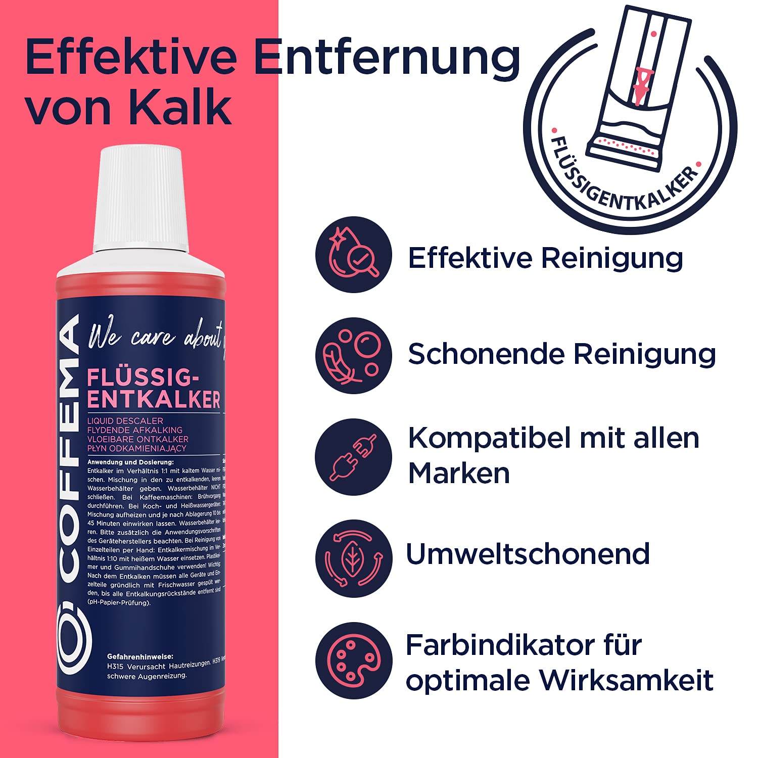 Flüssigentkalker für Kaffeevollautomaten - 3 x 1000 ml - mit praktischem Farbindikator - für Kaffee- und Espressomaschinen, Pad- und Kapselmaschinen und Heißwasserboiler