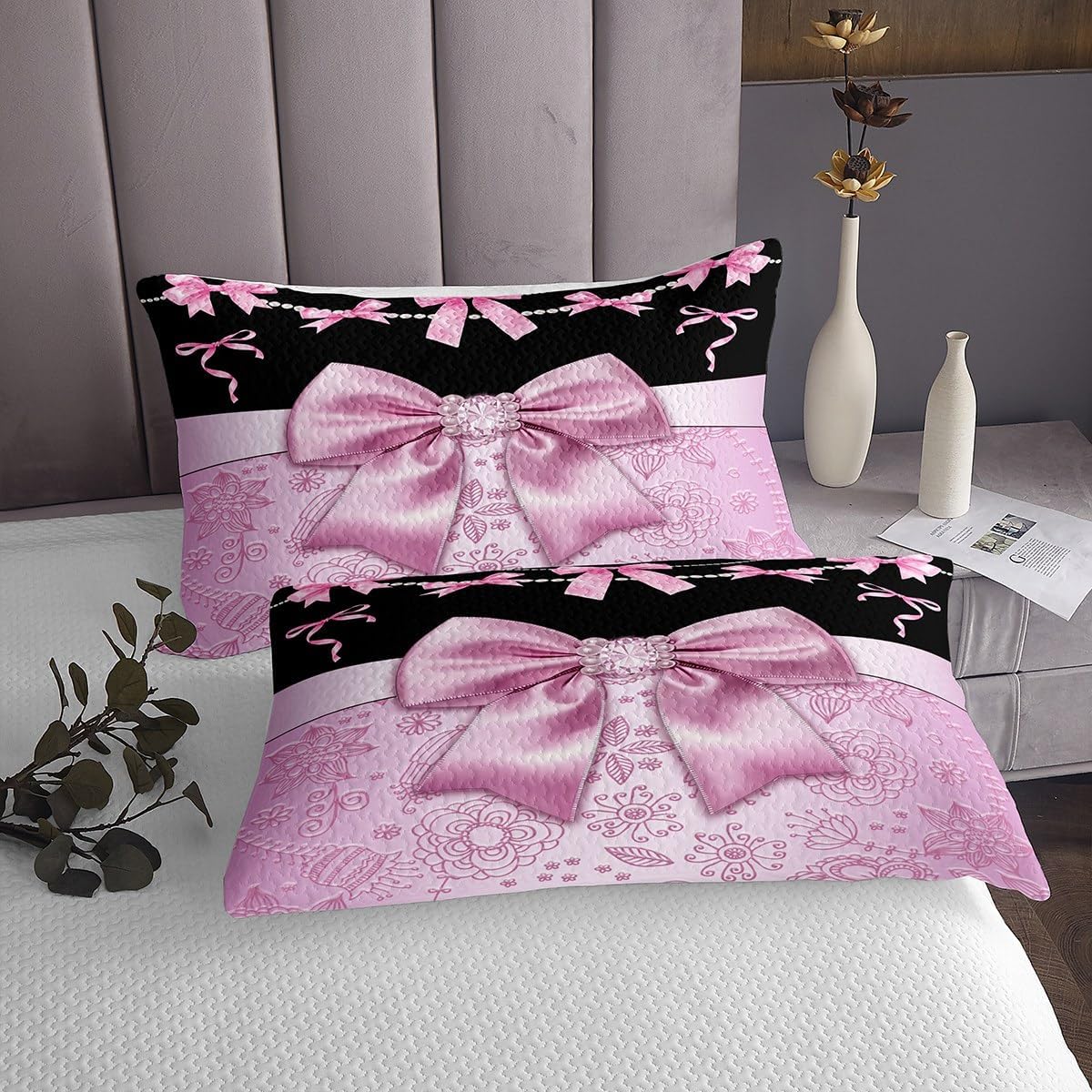 Erosebridal Princess Bowknots Bedspread Set Queen,Pearl Necklace Coverlet Set with Various Bow Design,Vintage Flower Floral Print Bed Set,Coquette Aesthetic Bedding Set for Girls Women