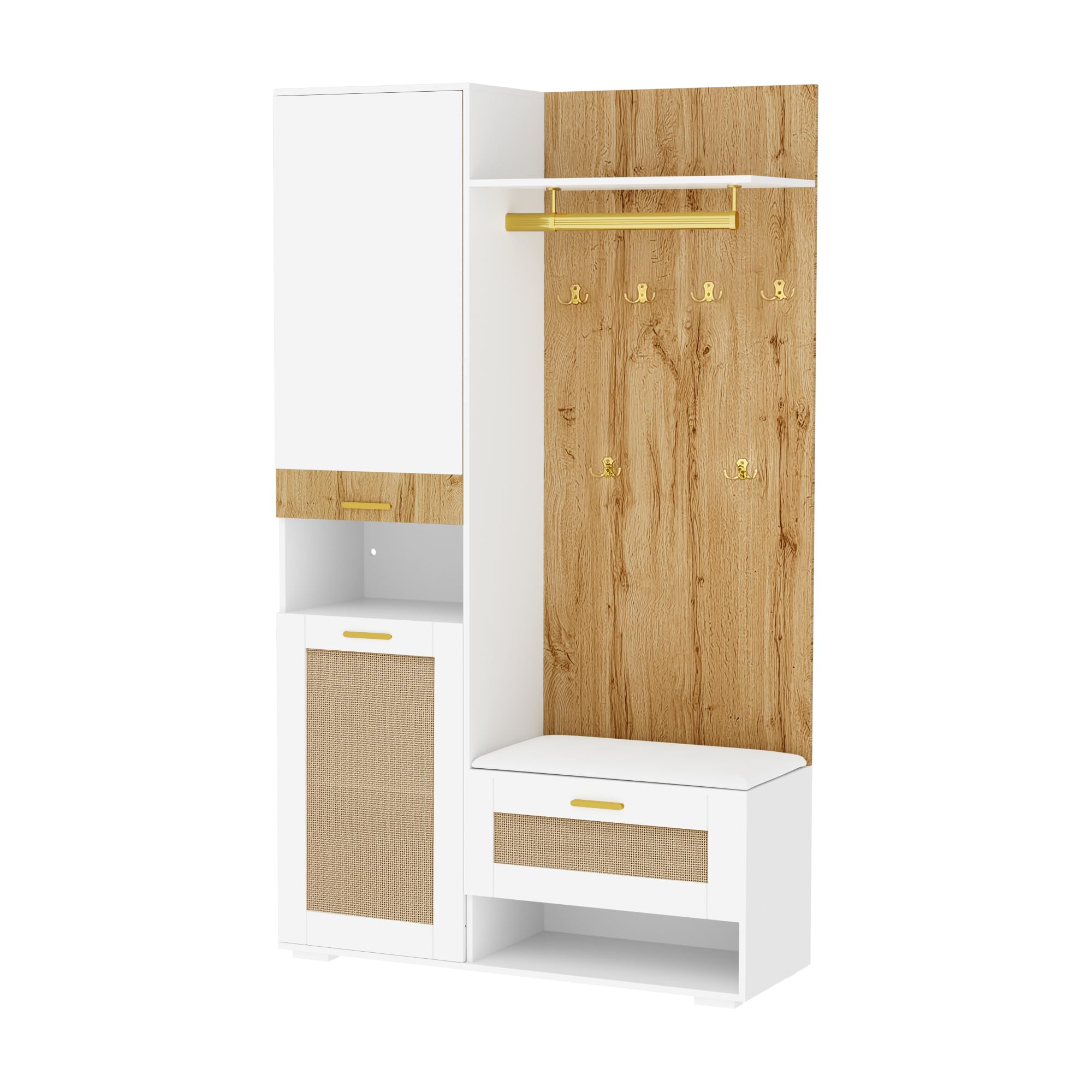 LAKFEW Juego de Perchero con Iluminación LED y Espejo, Mueble Entrada Recibidor con Zapatero y 5 Ganchos, Conjunto de Armario Recibidor Entrada con Almacenaje, 110x38x190 cm, Color Madera+Blanco