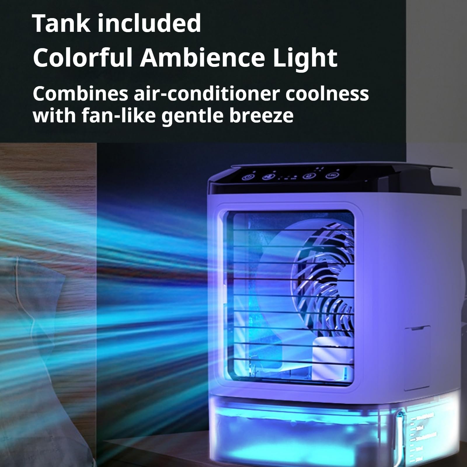 Condizionatore Portatile Senza Scarico 900 ml, Mini Condizionatore Mobile Silenzioso con 3 Velocità, Vassoio Ghiaccio, 7 LED, Raffreddatore Aria per Casa, Ufficio, Campeggio e Viaggi