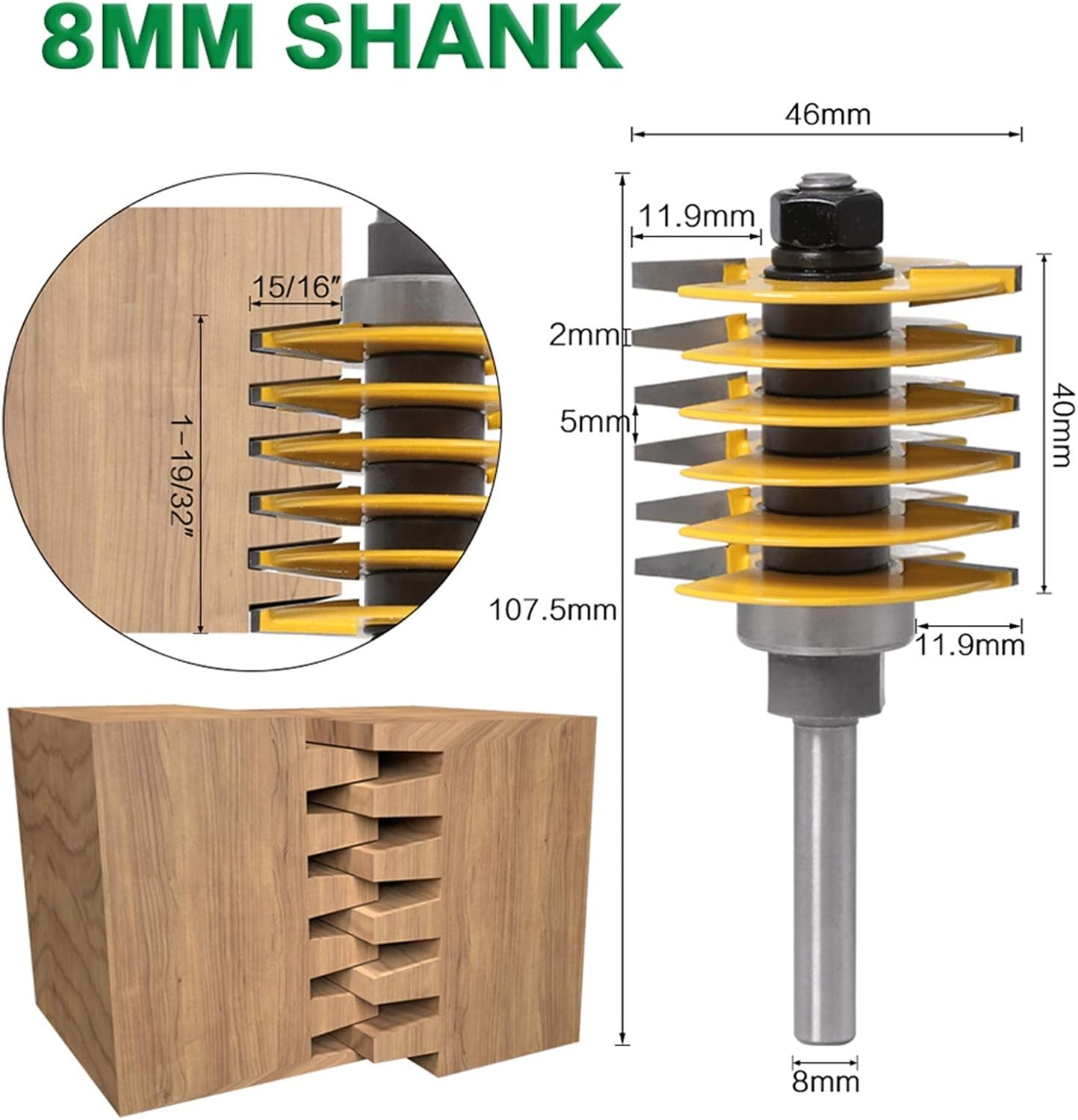 Zkenyao-Router Bit 1/2 Shank 8mm 12mm Shank 2 Teeth Adjustable Bit Tenon Cutter for Wood Tool, 1pc, Use Safety Reliable (Cutting Edge Length : 8mm Shank)