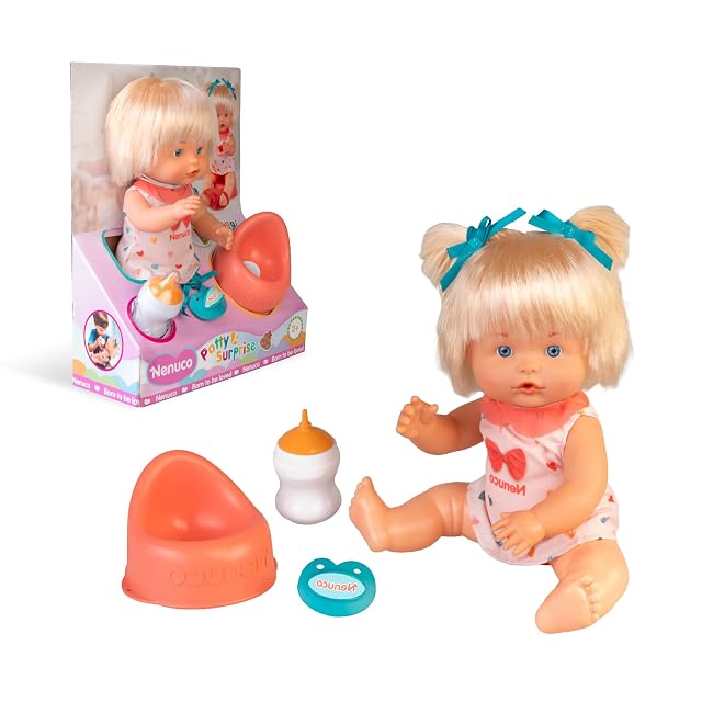 Nenuco Orinal con Sorpresa, Muñeca Bebé de 25 cm, Cuerpo Rígido y Pelo Rubio, Bebe Agua con el Biberón Incluido se Hará Pipí y Aparecerá una Sorpresa, Incluye Chupete y 2 Lazos, Famosa (NFNB2000)