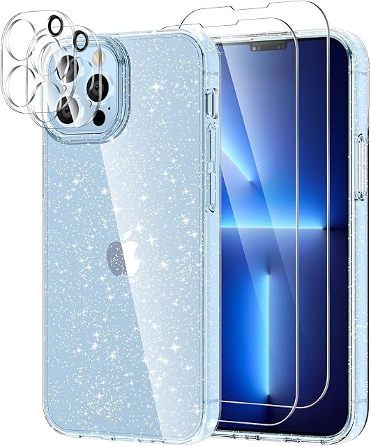 YIRSUR Glitter Clear Case Compatible with iPhone 13 Pro Max 6.7 Inch with 2 Pack Screen Protector with 2 Pack Camera Lens Protector, Soft TPU Bumper Anti-Scratch Shockproof Transparent Sparkly