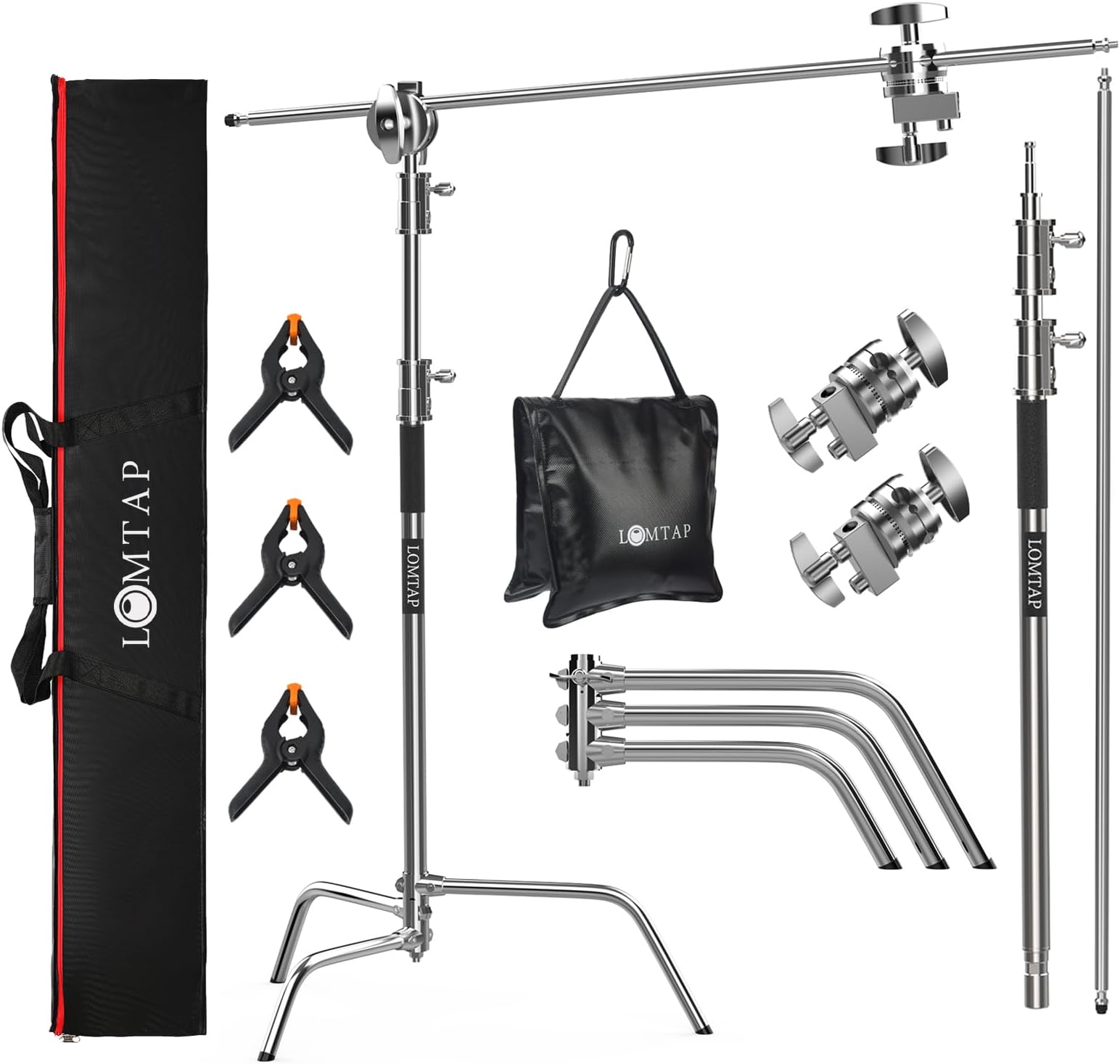 LOMTAP C Stand Light Stand Stainless Metal Photography Kit - Heavy Duty 6.8ft/210cm Vertical Pole, 2.8ft/87cm Boom Arm, Adjustable Base, Water Sandbag, 2 Grip Heads, 3 Clips for Softbox, Reflector