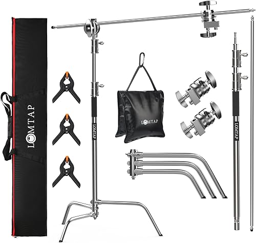 LOMTAP Kit de fotografía de metal inoxidable con soporte de luz C, poste vertical resistente de 10.8 pies, brazo de pluma de 4.2 pies, base