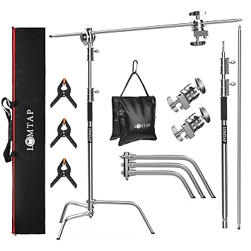 LOMTAP C Stand Light Stand Stainless Metal Photography Kit - Heavy Duty 6.8ft/210cm Vertical Pole, 2.8ft/87cm Boom Arm, Adjustable Base, Water Sandbag, 2 Grip Heads, 3 Clips for Softbox, Reflector