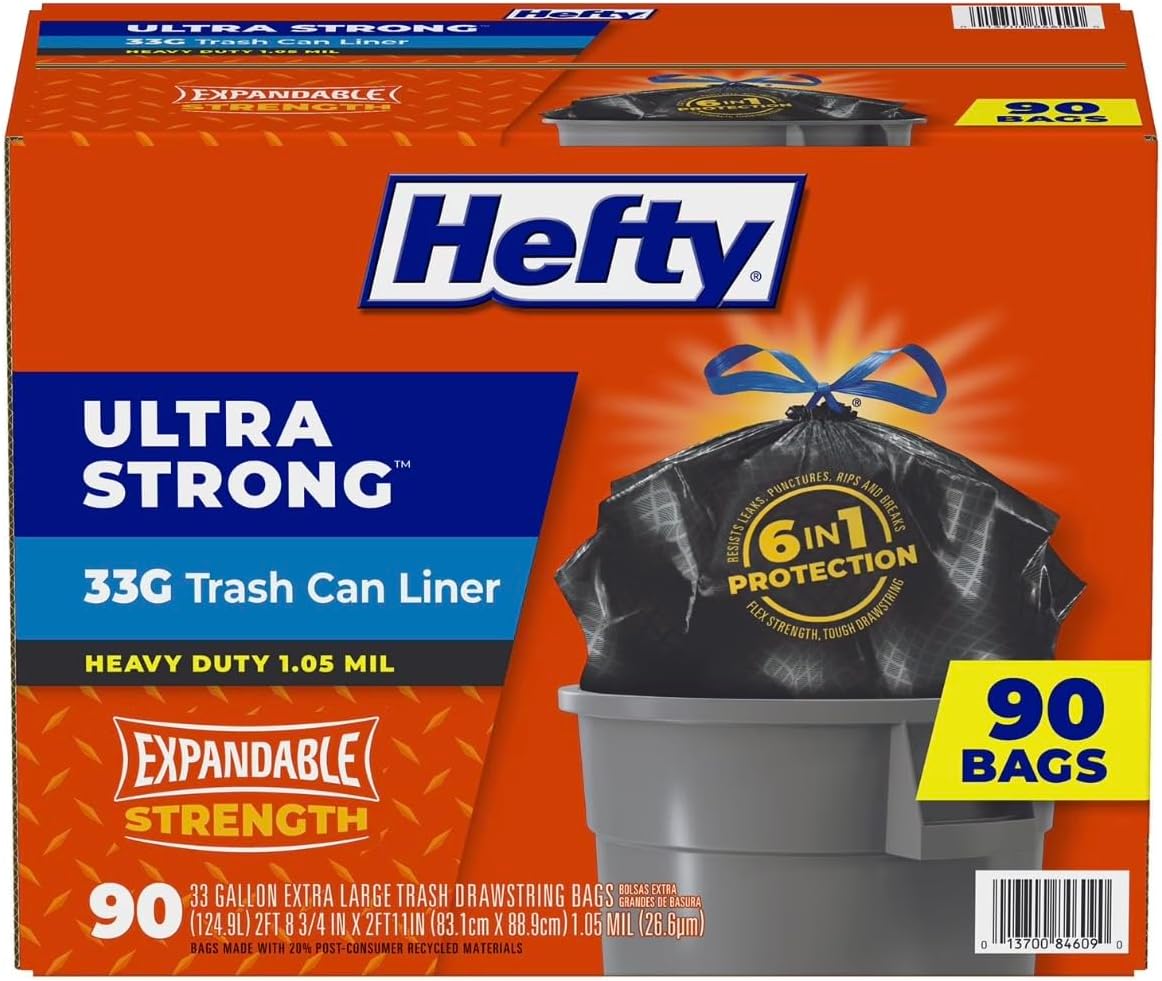 Heftys Ultra Strong Drawstring Trash Bags, Unscented, 33 gal., 90 ct.