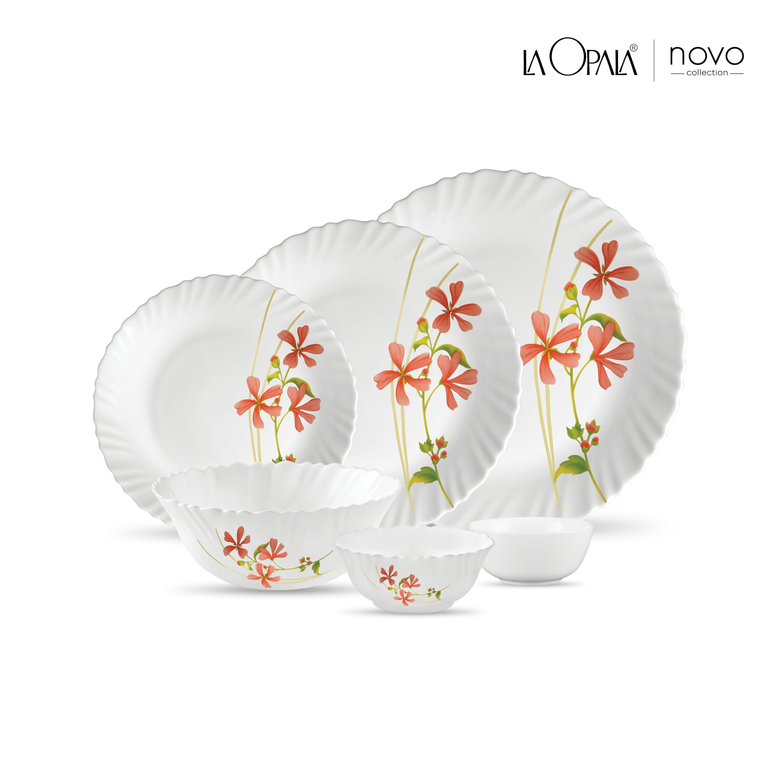 La Opala, Novo Collection, Opal Glass Floral Dinner Set 23 Pcs, Coral Charm, White 1
