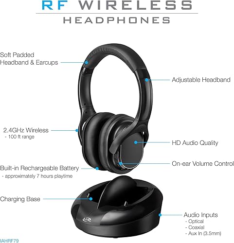 Miniatura 3 de iLive Auriculares inalámbricos de radiofrecuencia electrónica con transmisor/base de carga, negro (IAHRF79B)