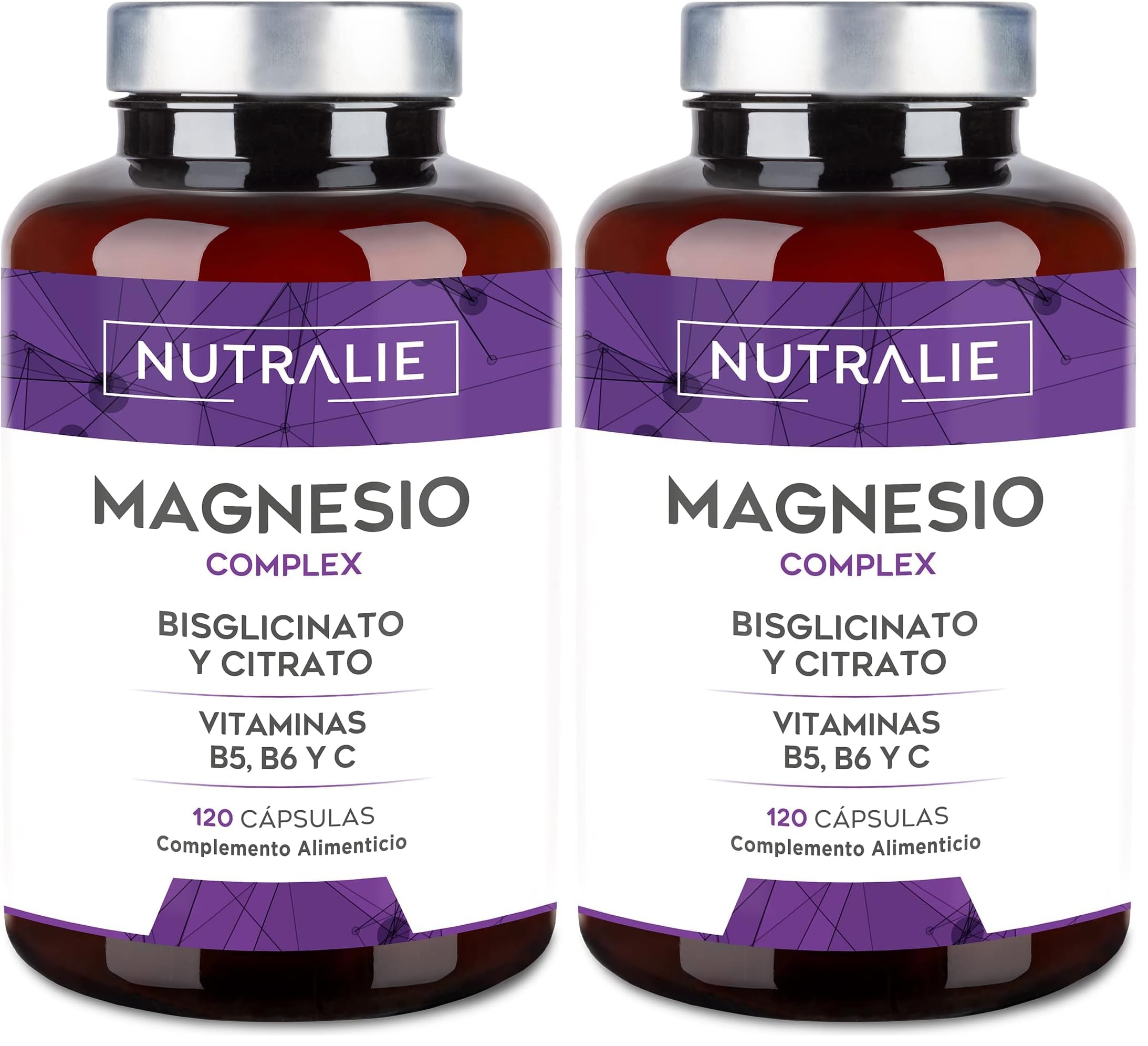 Magnesio Completo - Magnesio Citrato + Magnesio Bisglicinato 2145mg - Anti stress e Fatica - Integratore Magnesio con Vitamine B5, B6 e C Calcio | 120 Capsule Vegane Nutralie (Confezione da 2)
