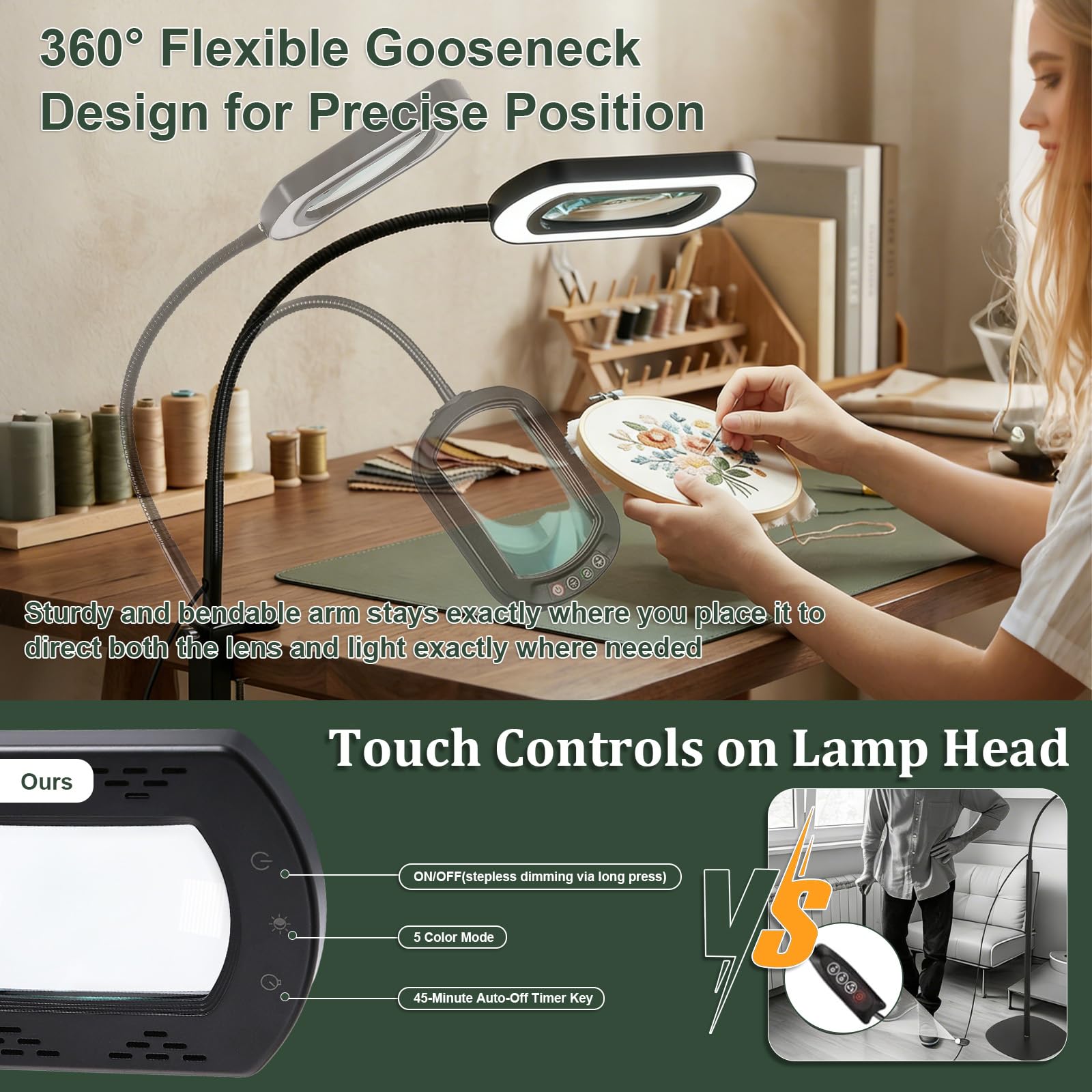 Lupa de 10 aumentos con luz y soporte, lupa 3 en 1 con luz LED, 5 modos de color, regulable, manos libres, flexible, cuello de cisne para leer, manualidades, pasatiempos, costura, trabajo cercano