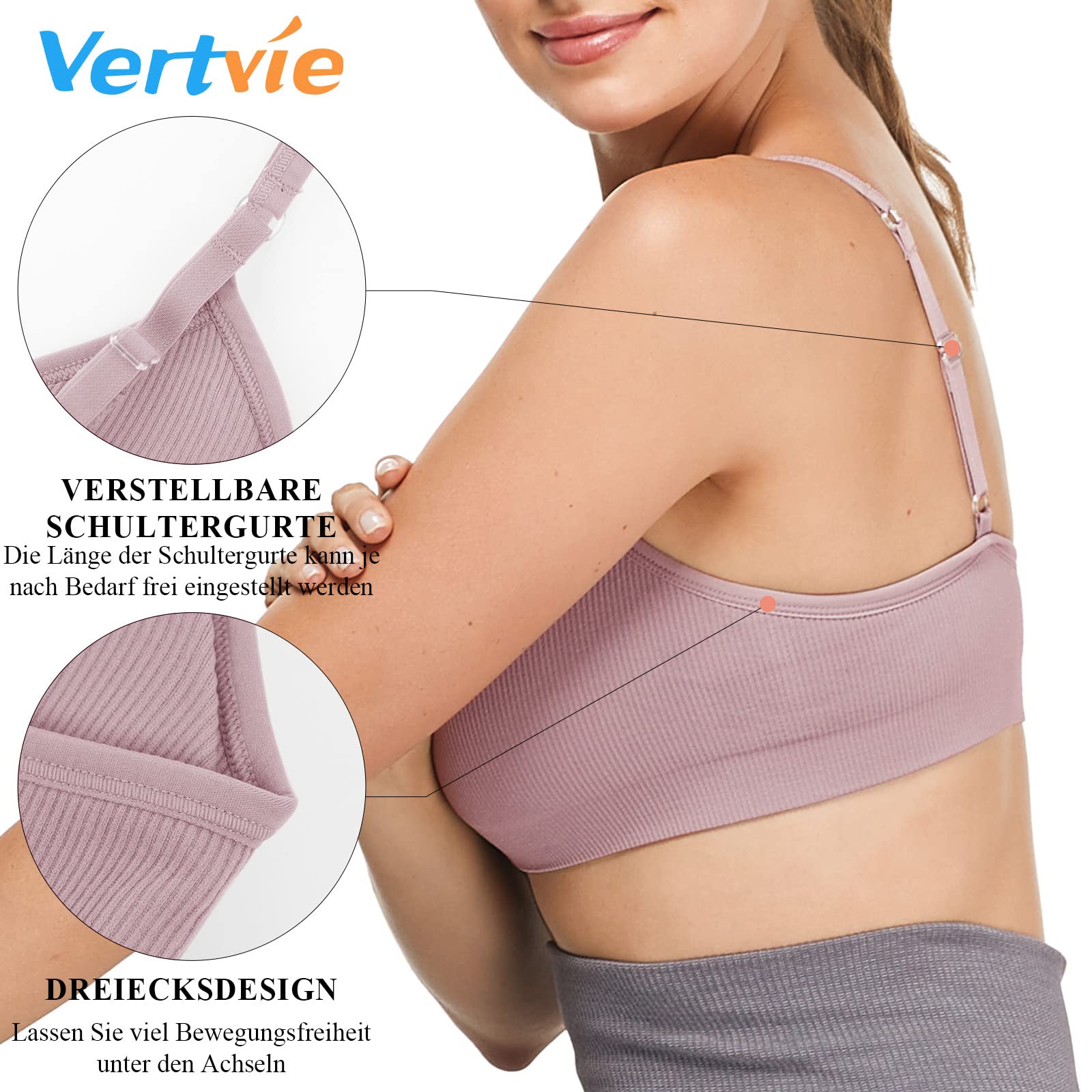 Vertvie Damen 2/3/4er Set Basic Wohlfühl BH Sport BH Spaghettiträger Bralette ohne Bügel Nahtlose Gepolsterte mit Spaghetti Bra Top Low Support Bra