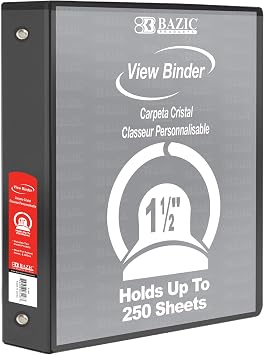 BAZIC Products 1.5 Black 3-Ring View Binder, Round Ring, 2 Pockets | round rings, 1.5 in Black view 3-ring binder, 2 inside pockets, holds up to 250 sheets, Durable poly cover, 2 Pockets