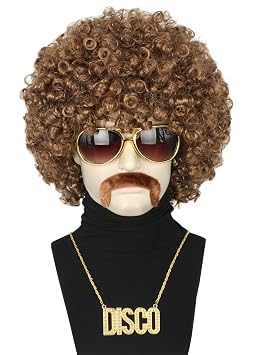 Mens Brown Afro Wig Set 70s 80s Disco Rocker Party Wig Outfit Short Curly Wigs Halloween Costume Accessories