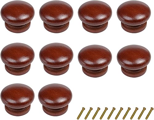 Paquete de 10 pomos redondos de madera para cajones con acabado marrón rojo y marrón en forma de hongo para gabinetes de cocina, muebles, aparador,