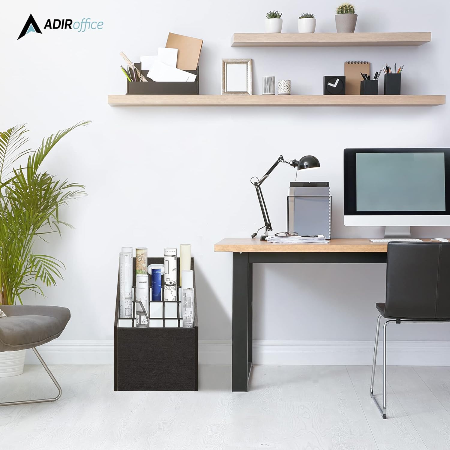 Adir Blue Print Storage Organizer Cart - Wooden Plan and Blueprint Storage Box, Poster Storage Cabinet, Map Storage Cart and Construction Plan Holder in Black