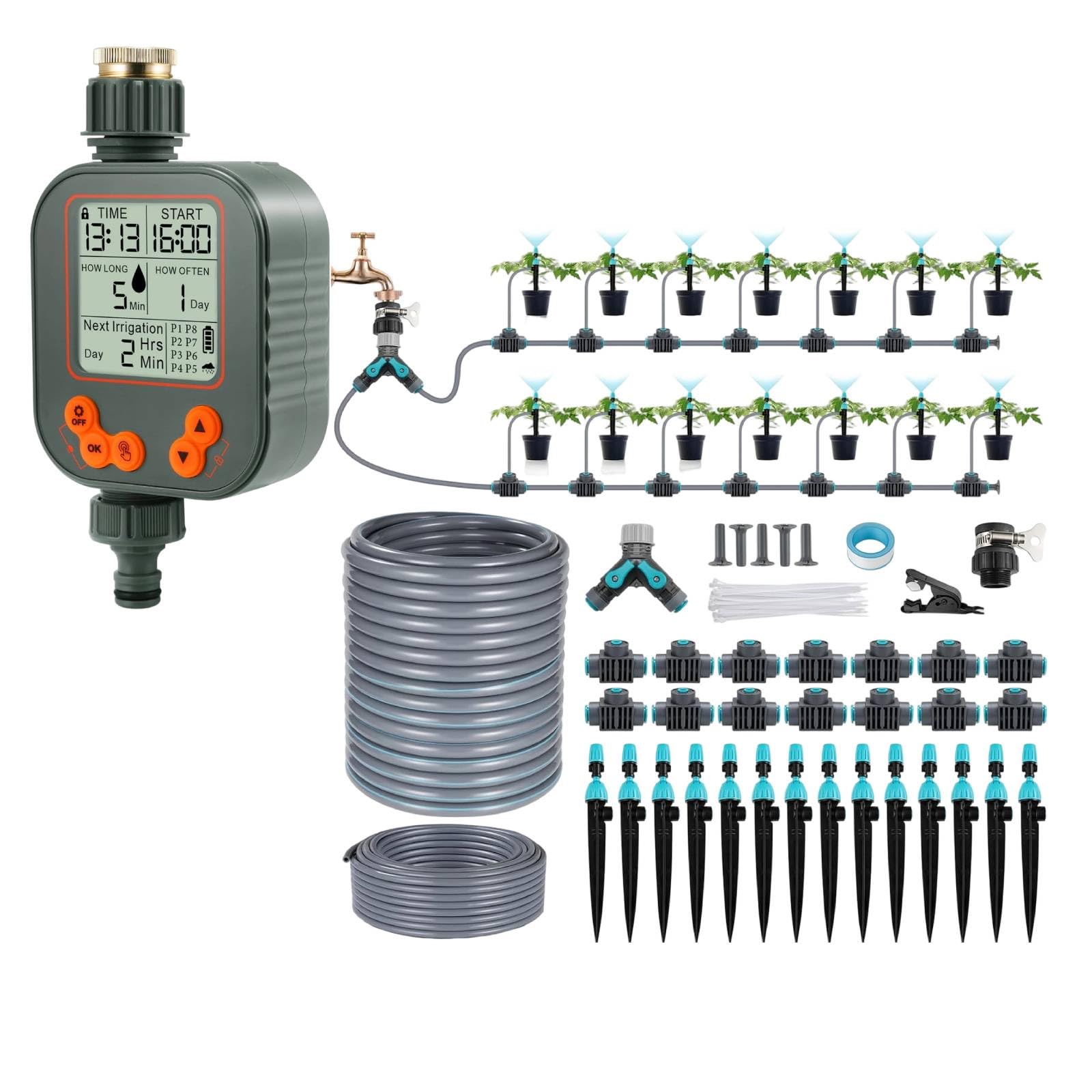30M Tuyau Système d'irrigation et Programmateur Arrosage, Kit d'irrigation Goutte Kit Arrosage Automatique, 8 programmes Grand Écran LCD pour Jardin Pelouse Serre Plantes Potager