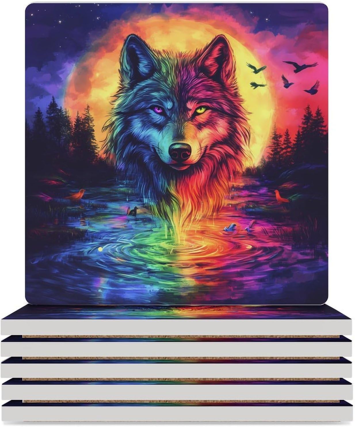 Colorful Wolf Funny Ceramic Coasters for Drink Absorbent Cup Holders Tabletop Protection