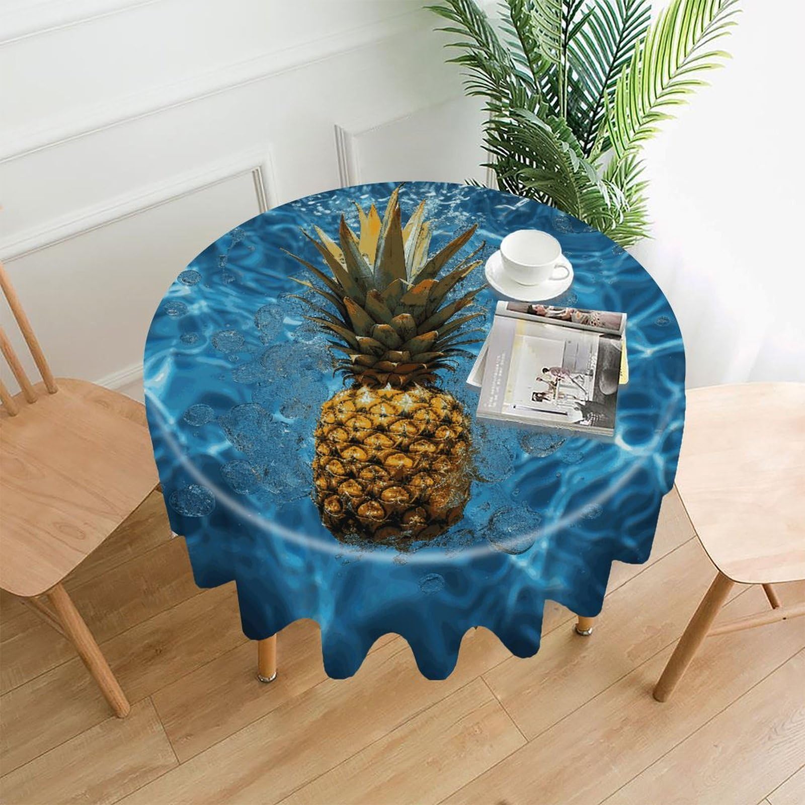 FekiLoot Pineapple in The Pool Round Tablecloth Cover 60 Inch Wrinkle Free Washable Polyester Fabric Table Cover Decorative Round Table Cloth for Home Dining Kitchen Party Farmhouse