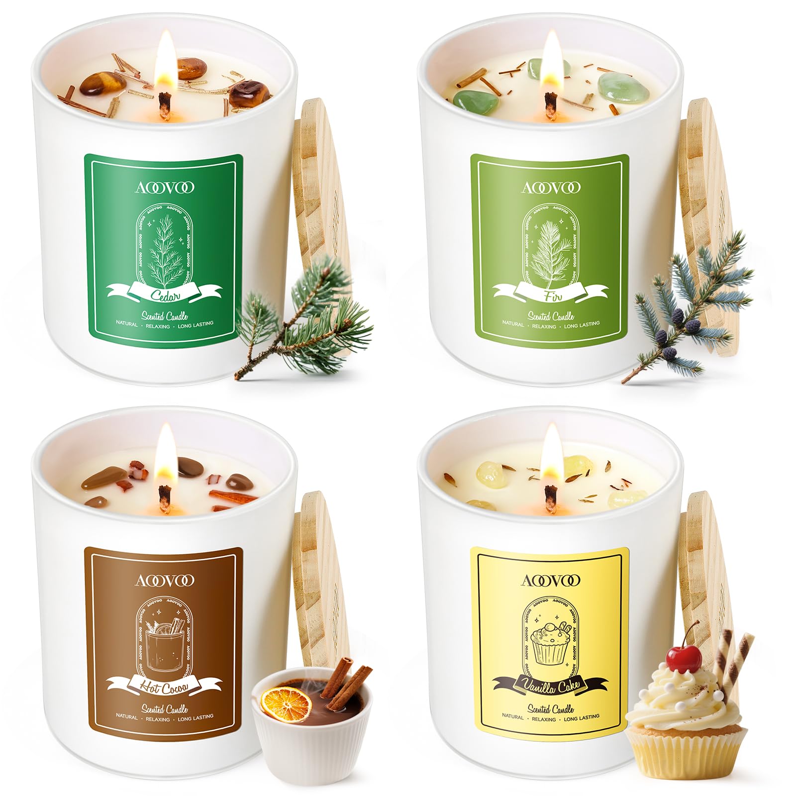 AOOVOO Holiday Candles Set for Women - 4 Pack Candles for Home Scented, Aromatherapy Candle with Crystals, 28 oz 200 Hour Long Lasting Candle, Winter Fragrance of Cedar, Fir, Hot Cocoa, Vanilla Cake