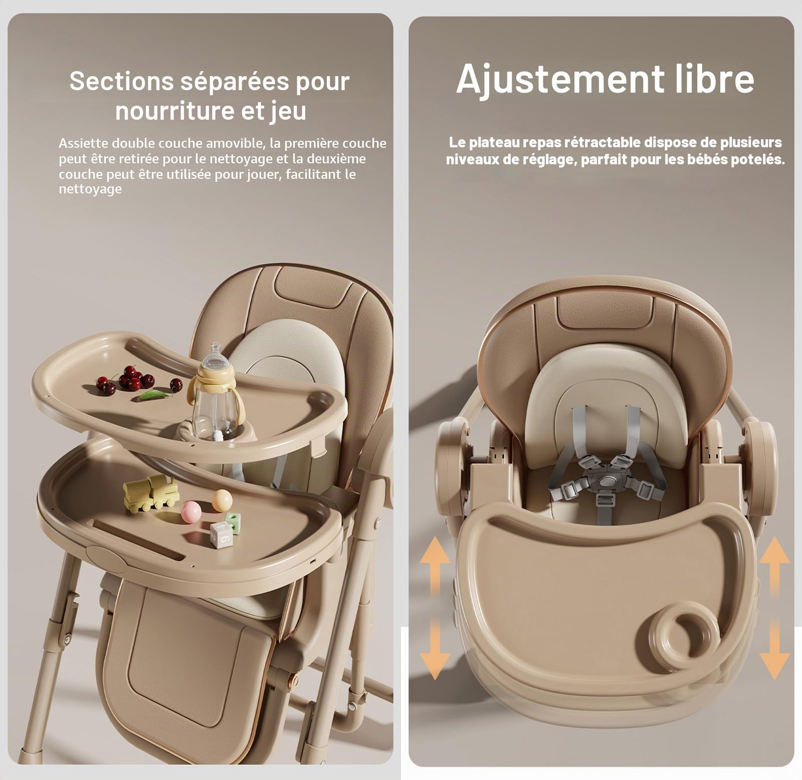 Magic ZC Cuir PU Chaise Haute pour Multifonctionnelle Bébé Chaise de Salle à Manger avec Hauteurs Réglables et Positions Pliable Convertible avec Doubles Plateaux (X8121 Khaki)
