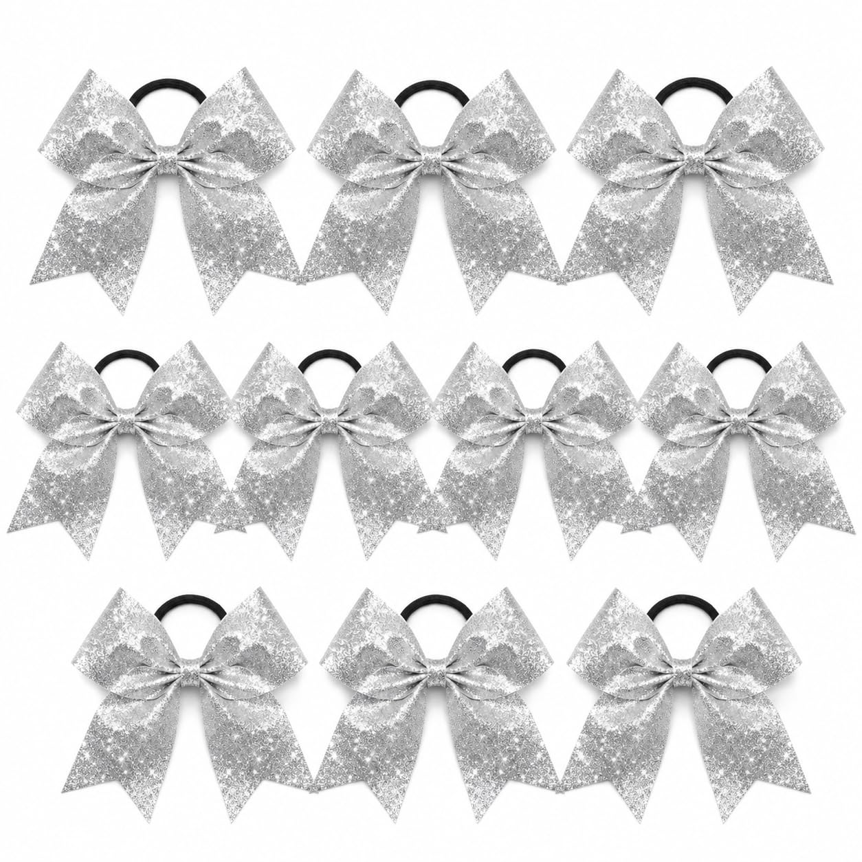 10PCS Large Cheer Bows, Silver Glitter Bows Hair Ties for Cheerleaders