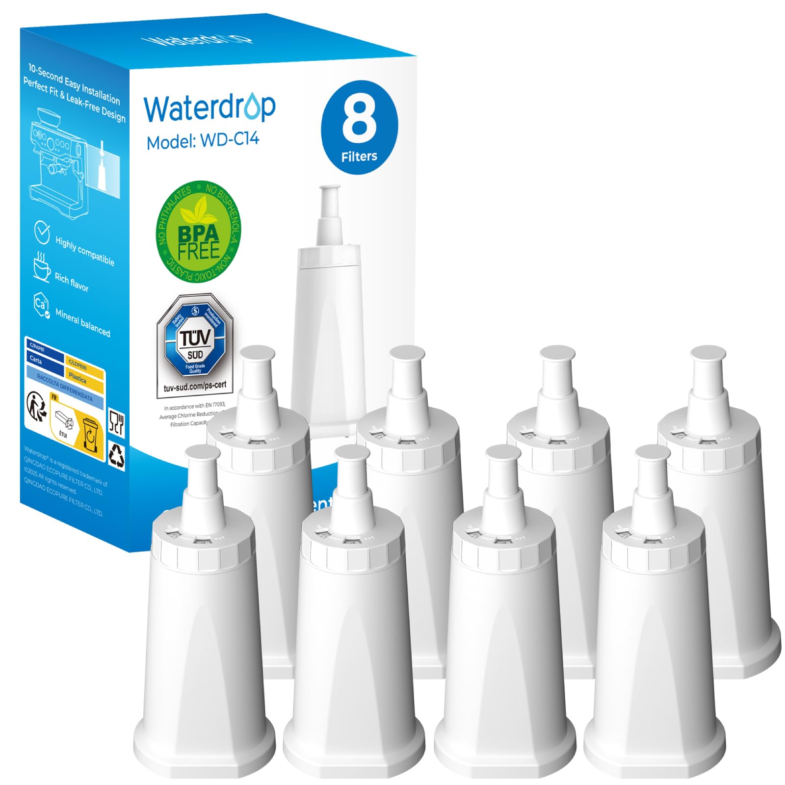 Waterdrop Filter Replacement for Sage® Barista Express Pro Water Filter, BES008, SES008/SES810/SES875/SES880/SES920/SES980/SES990, TÜV SÜD Certified