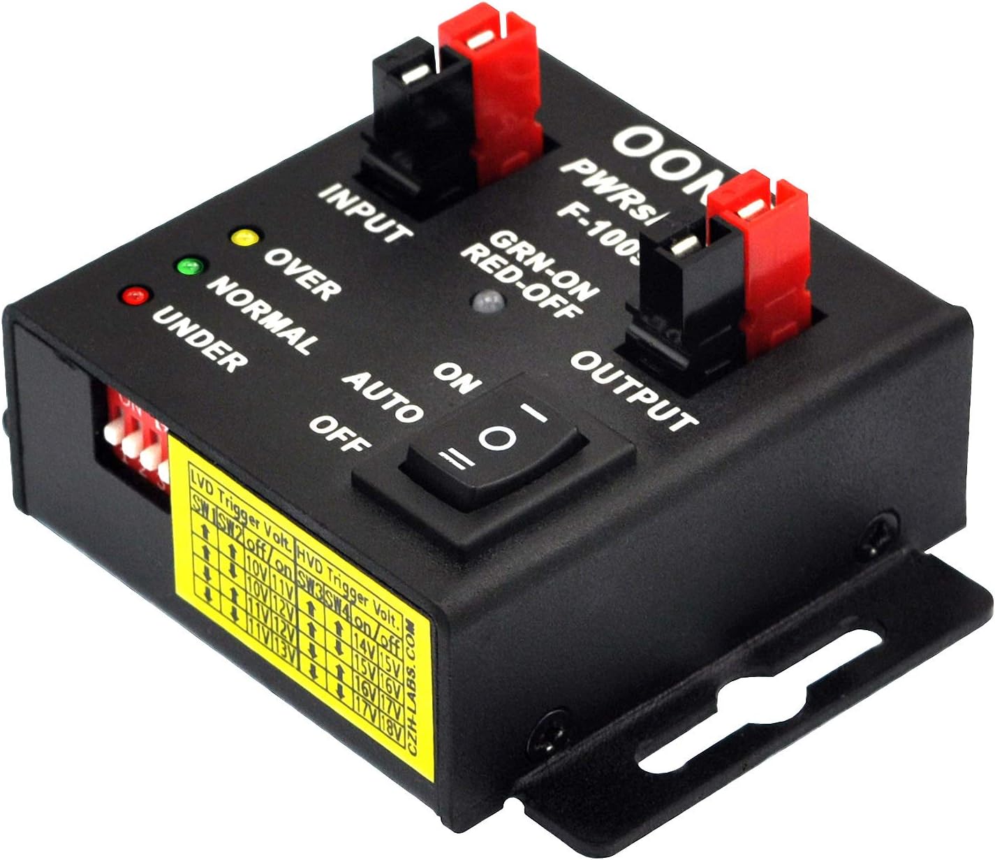 มุม view of OONO PWRshield F-1009 showing the side with dip switches and voltage setting label