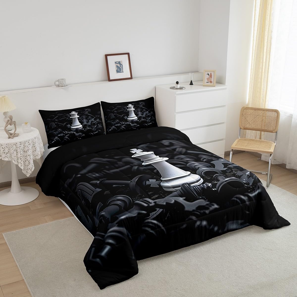 Feelyou Kids Queen International Chess Comforter Set Chess Comforter Games Comforter Set for Kids Boys Girls Black White Duvet Set Kids Room Decor 3Pcs