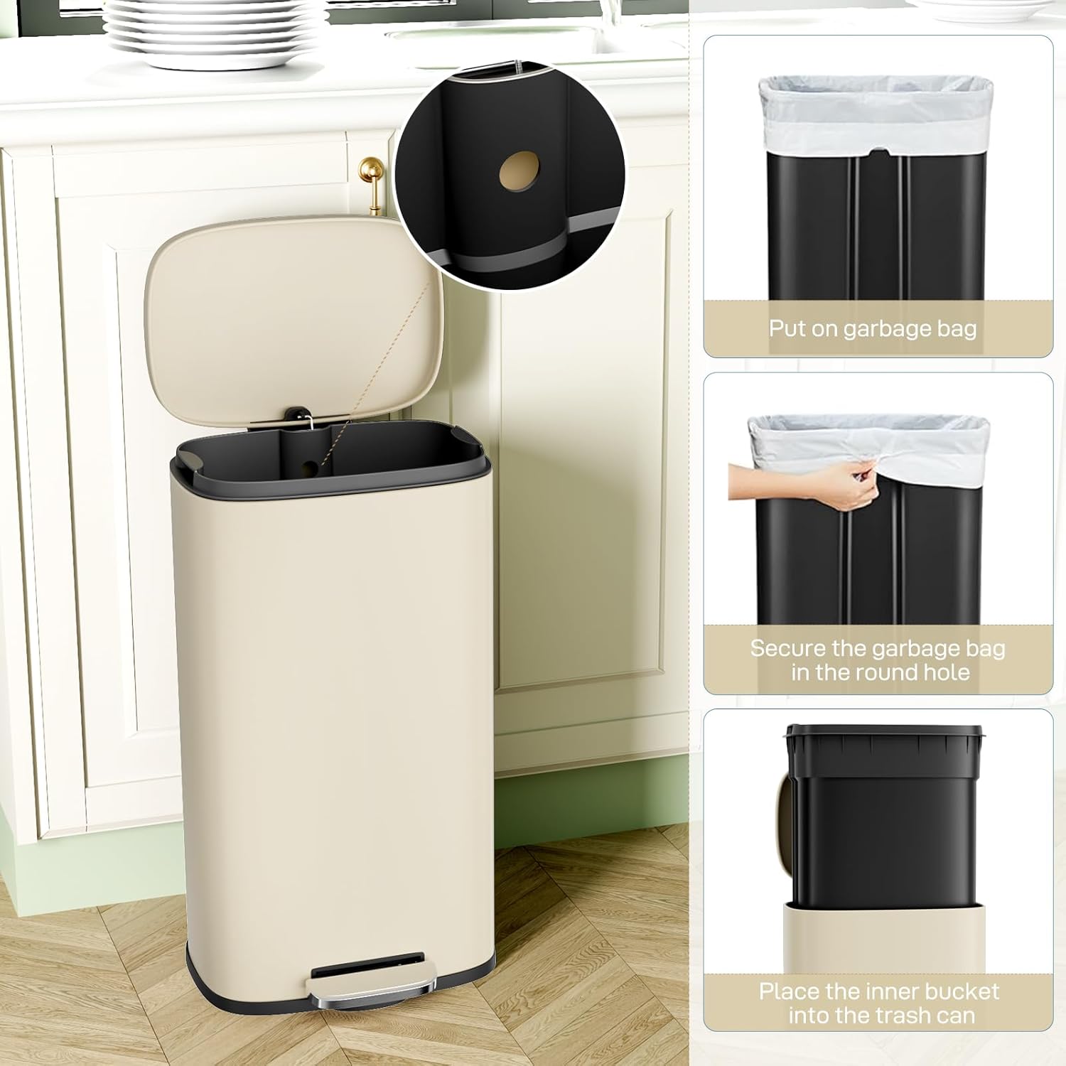 Arlopu 8/13.2 Gallon Step Trash Can, Stainless Steel Garbage Bin, Soft-Close Rubbish Bin with Removable Plastic Inner Bucket, Fingerprint-Proof, Lid Dustbin, Suit for Kitchen (Beige, 30L)