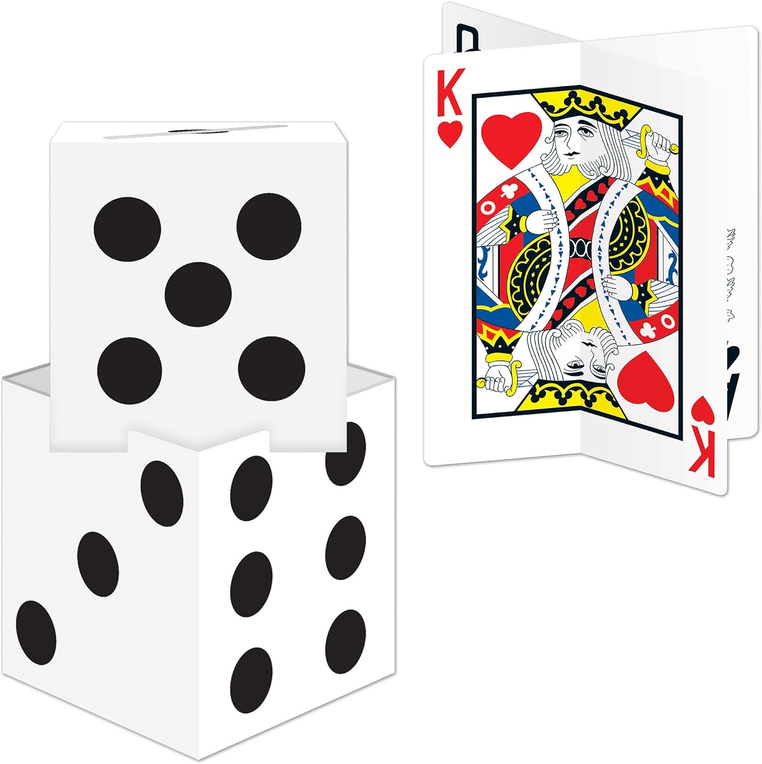 Beistle Casino Party Centerpiece Bundle – 3-D Playing Card Table Decoration & Stacking Dice Display, Card Night Party Décor for Vegas-Themed Events, Poker Parties & Fundraiser Galas