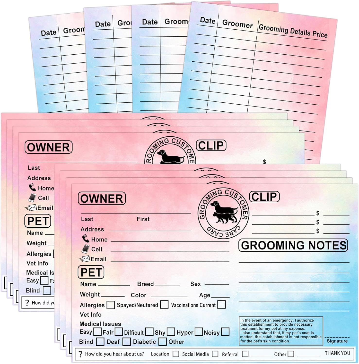 Cat Dog Pet Grooming Information Cards 8x5 inch Groomer Client Profile Service Record Clip Card Business Data Client Page Cards for Professional Pet Groomers, Kennel Care 50 Pack (Pink)