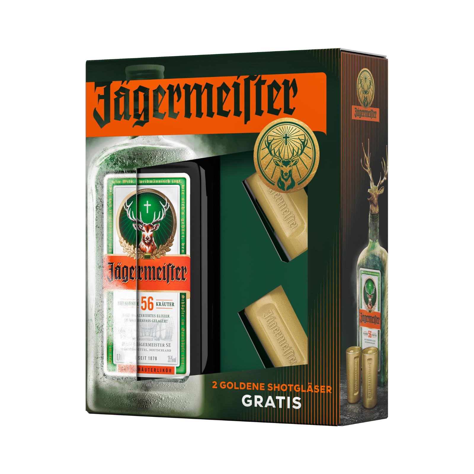 Jägermeister Geschenkset – 1 x 0,7l Premium Kräuterlikör 35% Vol. mit 2 goldenen Shotgläsern à 2cl – 56 erlesene Kräuter – Kalt mazeriertes Elixier – Im Eichenfass gelagert