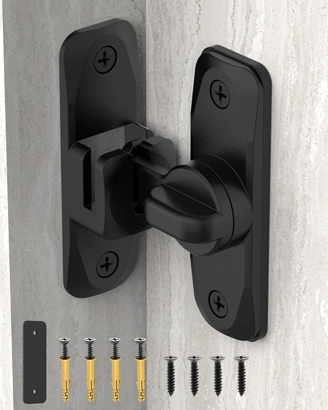 90/180 Degree Barn Door Latch Lock with Spacer, Black, 1 Pack | Zinc Alloy Slide Locks for Uneven Frames, Sliding Panels, Bathrooms, Bedroom, French and Garden Gates, Screws Included