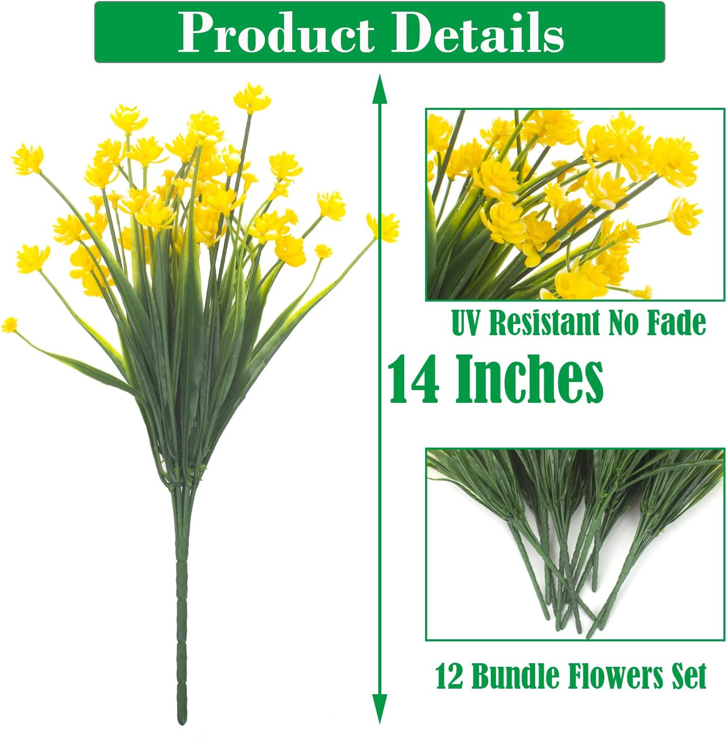 Grunyia Artificial Fake Flowers, 12 Bundles Outdoor UV Resistant Greenery Shrubs Plants Indoor Outside Hanging Planter Home Garden Décor (Yellow)