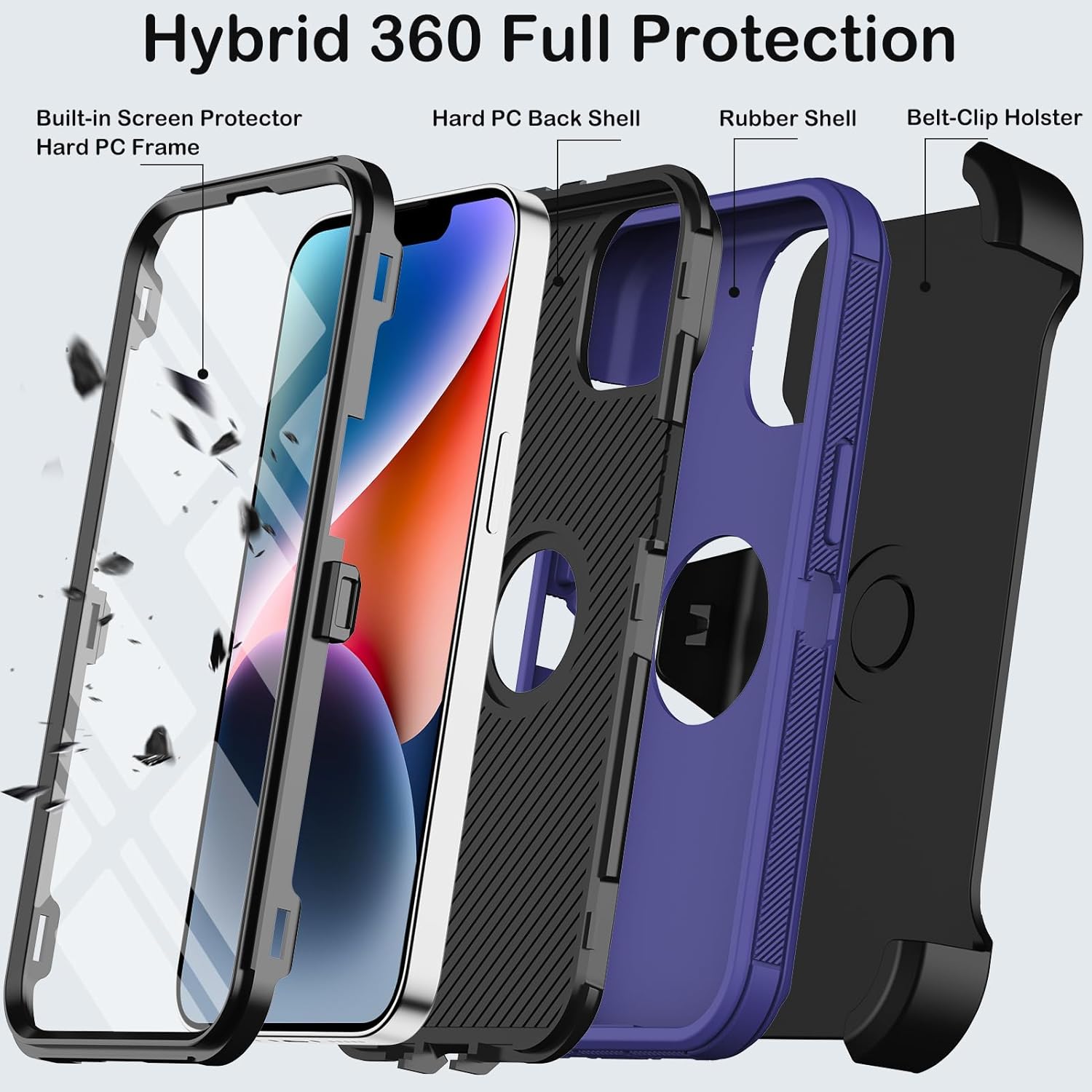 for iPhone 14 Plus Case with Belt Clip Holster,Built-in Screen Protector,Heavy Duty Shockproof Drop Protection Military Grade Rugged Phone Cover with Kickstand for Apple 14 Plus 6.7"(Deep Blue) - Image 3