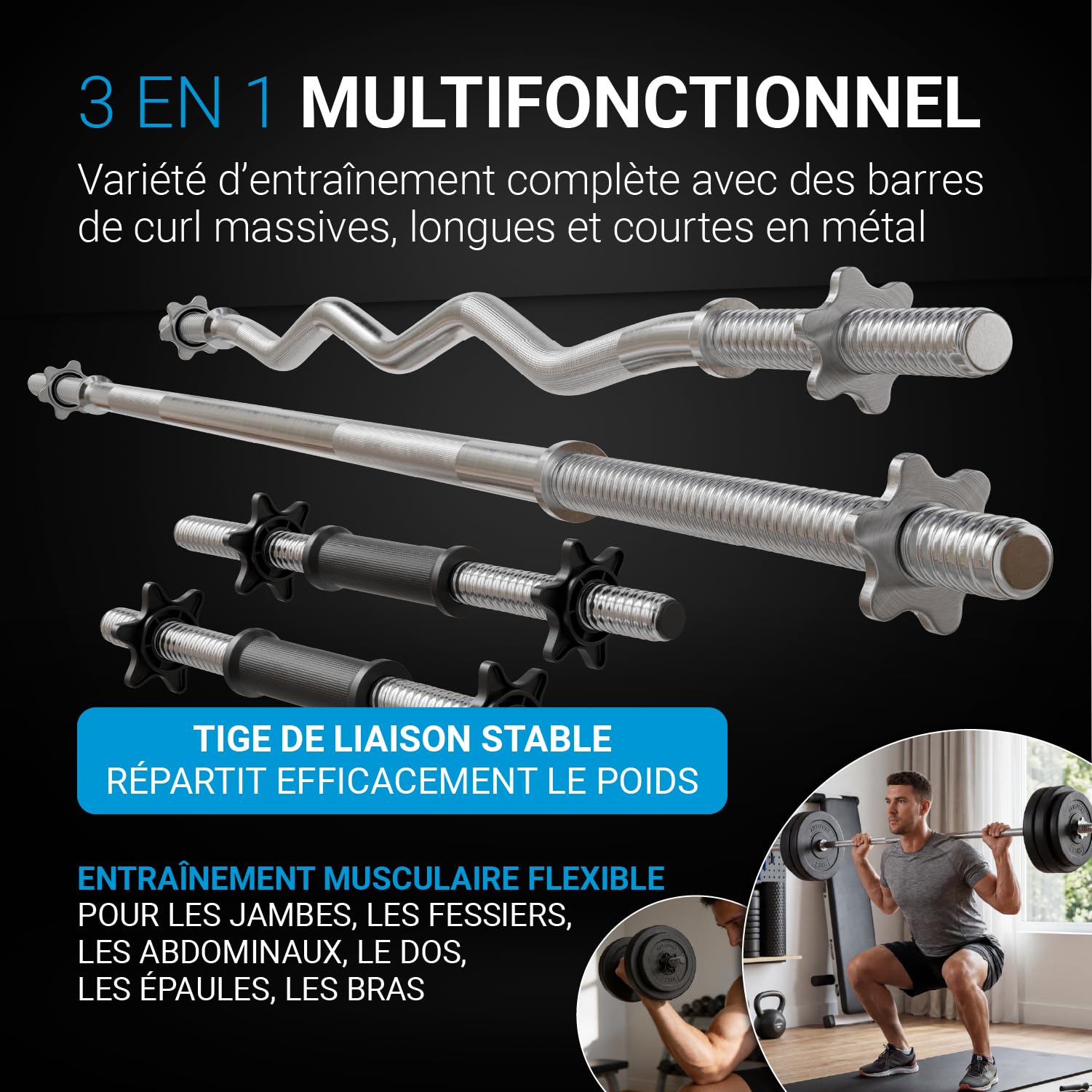 ArtSport Ensemble d'haltères courts de musculation 3-en-1 avec 2 haltères courts, 1 haltère long et 1 haltère curl SZ – 12 poids de 60kg avec fermetures en étoile