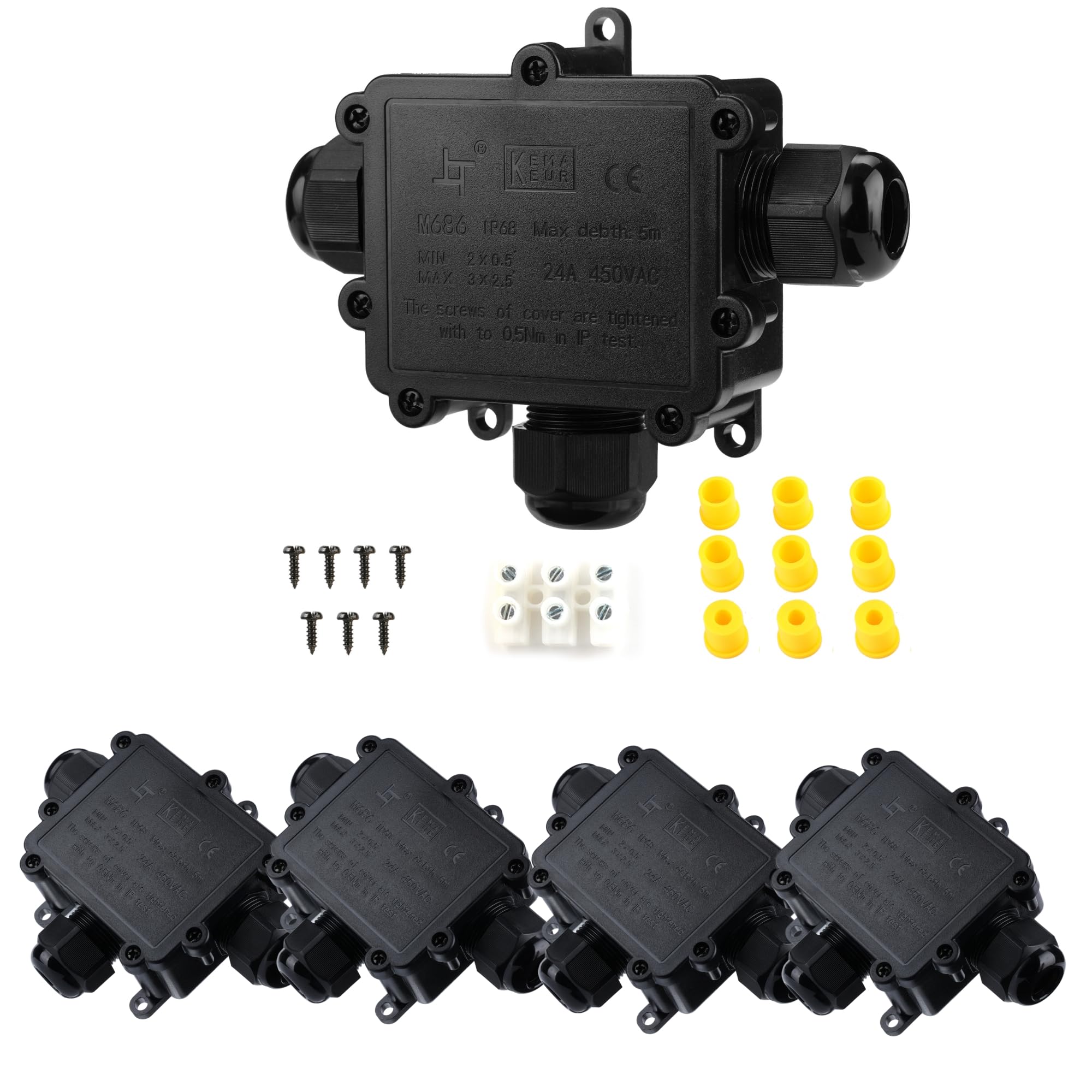 Tynoscco IP68 Waterproof Junction Box Outdoor,3-Way Electrical Splice Box Outdoor with 4Cable M25 Gland Wire Connector Extension Electrical Cable Protector for Diameter Cable Ø4-12mm Black