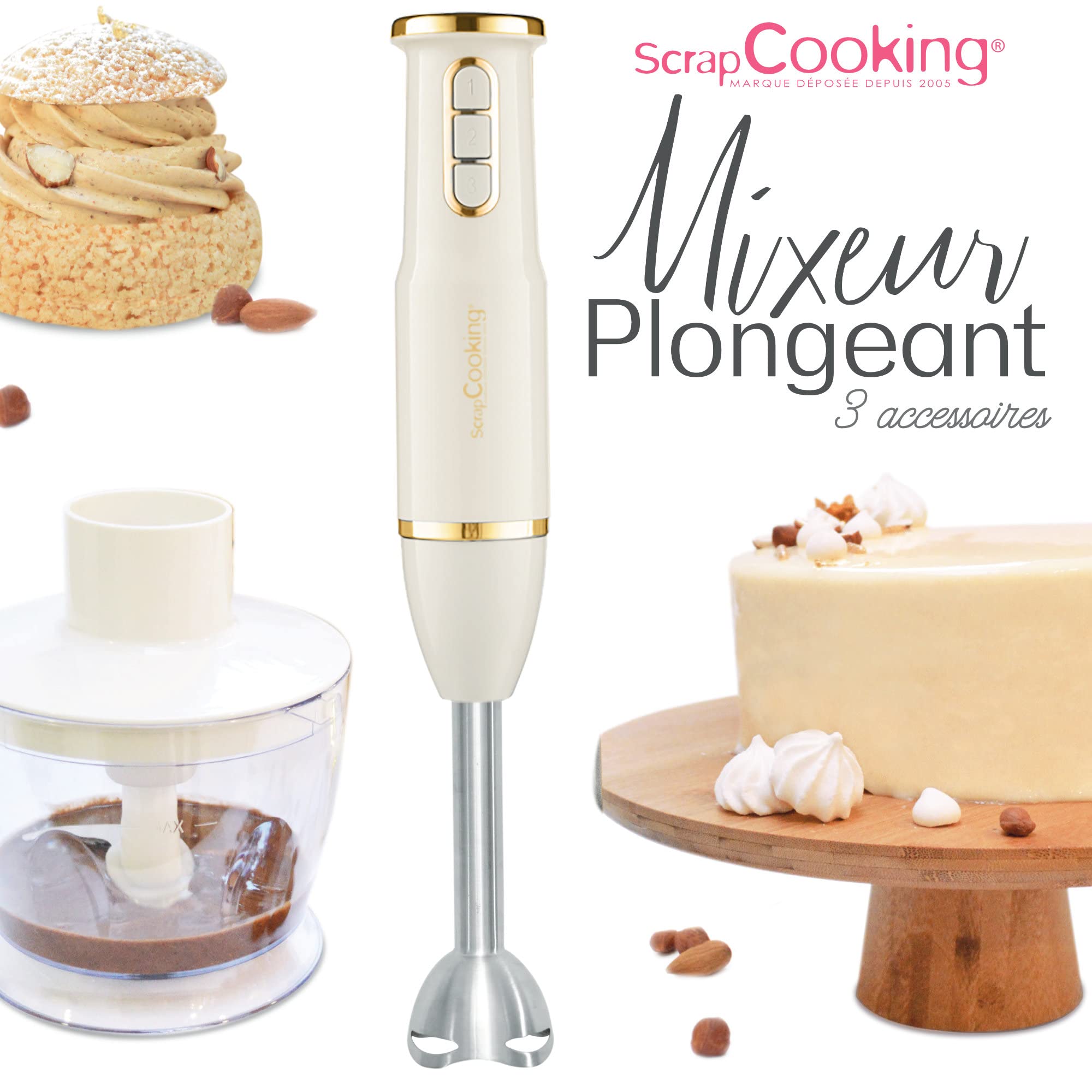 SCRAP COOKING Mixeur Plongeant Multifonctions 3-en-1 : Blender, Fouet & Hachoir Électrique - Mixer Batteur Plongeur avec Accessoires - Pour Pâtisseries, Crèmes, Smoothies, Sauces - Mat & Doré - 3889
