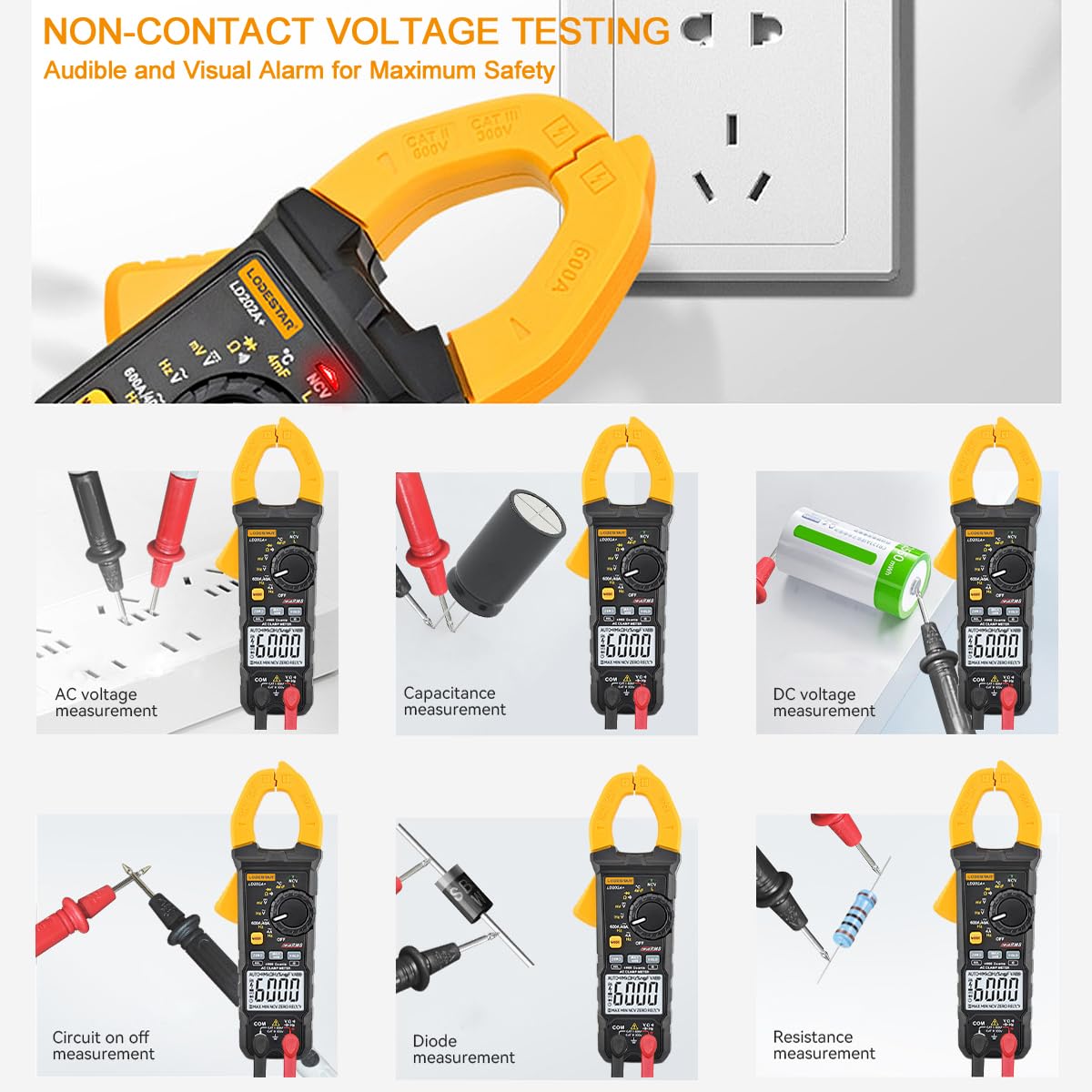GALOOK LD204+ Pinza Amperometrica Multimetro Digitale Professionale, Voltmetro Amperometro per Misurare Tensione/Corrente AC DC Temperatura Capacità Resistenza Frequenza Continuità Diodo NCV LIVE