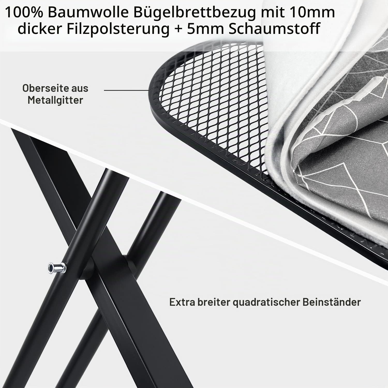 Duwee Bügelbrett Extra groß mit Dampfbügeleisen-Ablage, Stabil, 122 x 43cm | Großes Bügelbrett mit Hitzebeständigem Bezug, Dicker Polsterung, Höhenverstellbar, Robusten Stahlbeinen & Klappbar