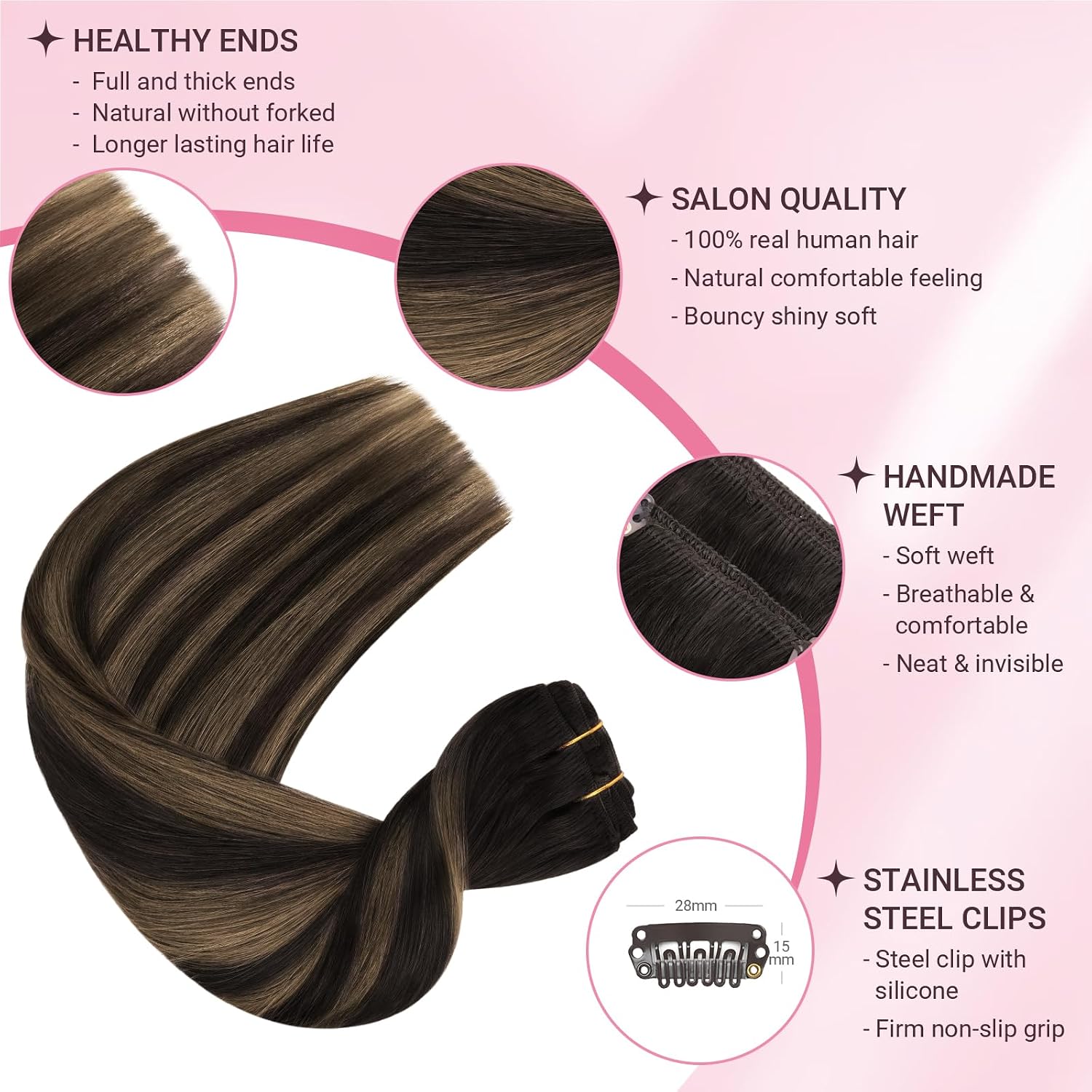 MAXITA Clip in Hair Extensions Real Human Hair,Remy Hair Extensions Clip ins Double Weft for Women,Natural Real Human Hair,14Inch 120g 7Pcs,Balayage Dark Brown Mixed Chestnut Brown