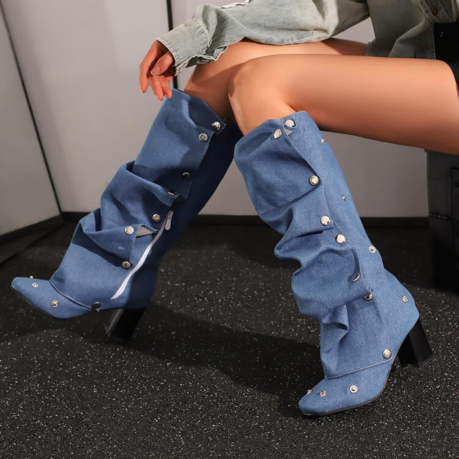 Aflngle Women's Denim Knee High Boots Round Toe Chunky Heel Side Zipper Tall Boot Detachable Metal Buttons Slouchy Ruched Panel Long Booties