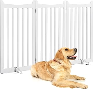Yaheetech Freestanding Pet Gate Indoor 3-Panel Wooden Dog Gates for Small Medium Dogs, Foldable Puppy Fence with 2 Support Feet,Pets Door for Doorways/Stairs/Halls/Kitchen (White,91cm H X 152cm L)